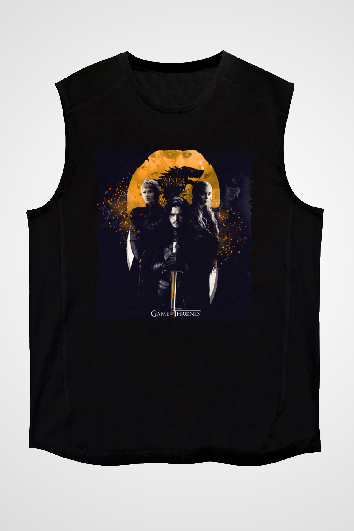 Unisex Unisex Game of Thrones Baskılı Siyah Kolsuz Tişört
