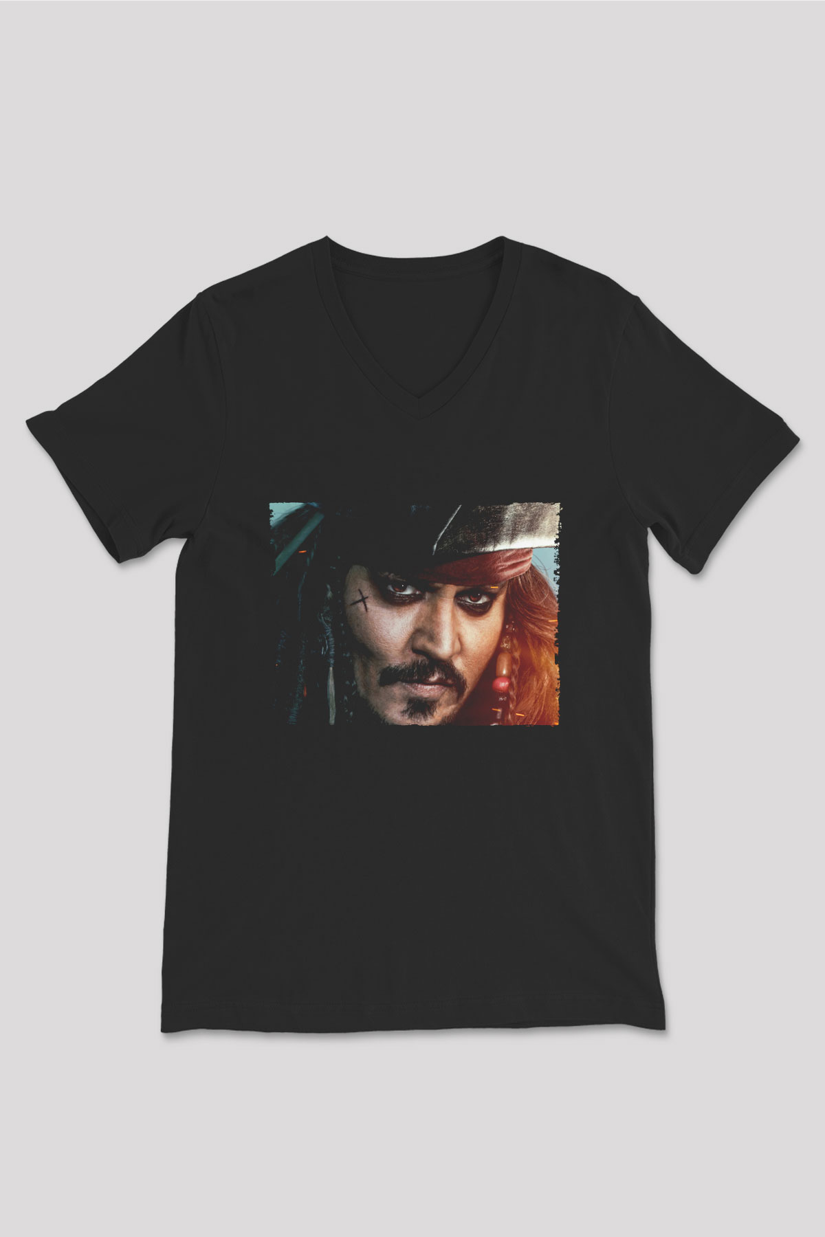 Unisex Unisex Karayip Korsanları (Pirates of the Caribbean) Baskılı Siyah V Yaka T-shirt