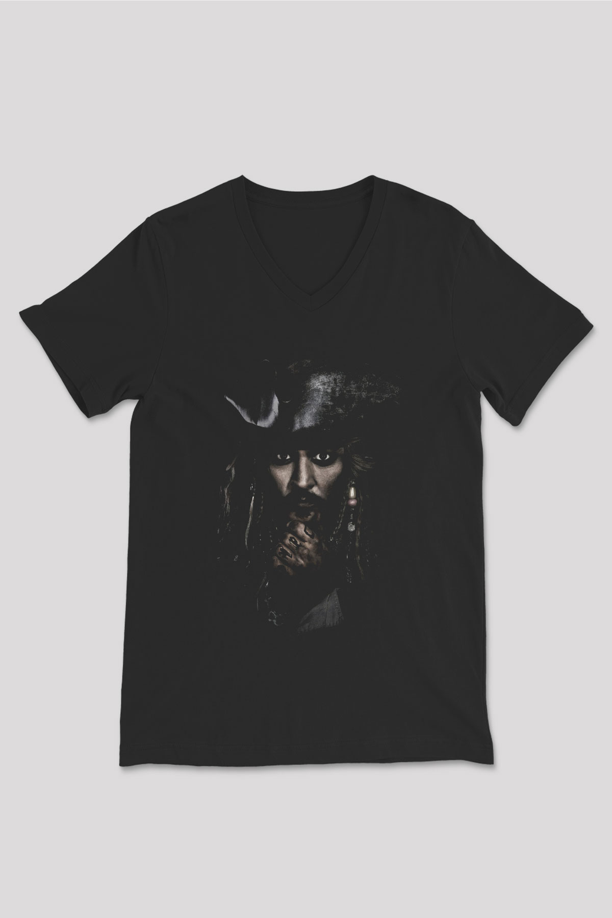 Unisex Unisex Karayip Korsanları (Pirates of the Caribbean) Baskılı Siyah V Yaka Tişört