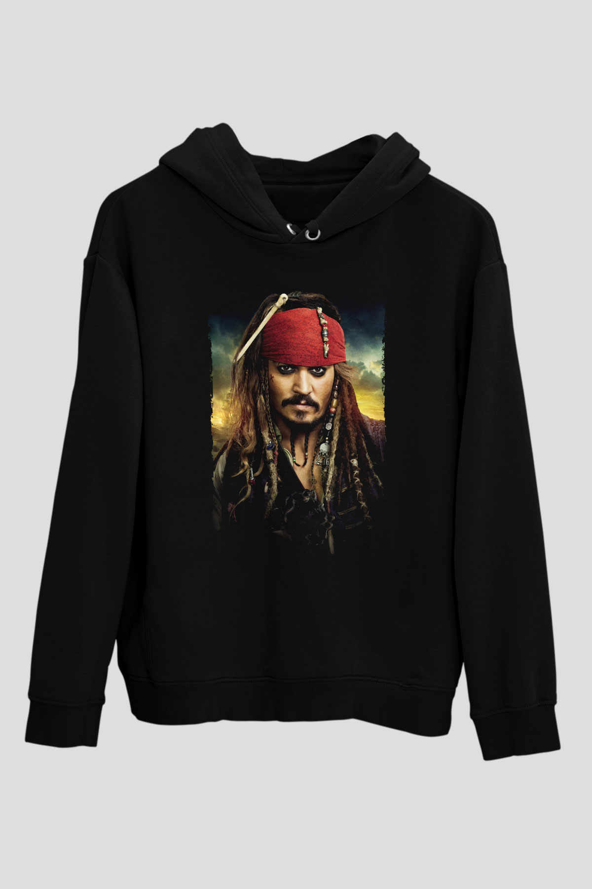 Unisex Unisex Karayip Korsanları (Pirates of the Caribbean) Baskılı Siyah Kapüşonlu Sweatshirt