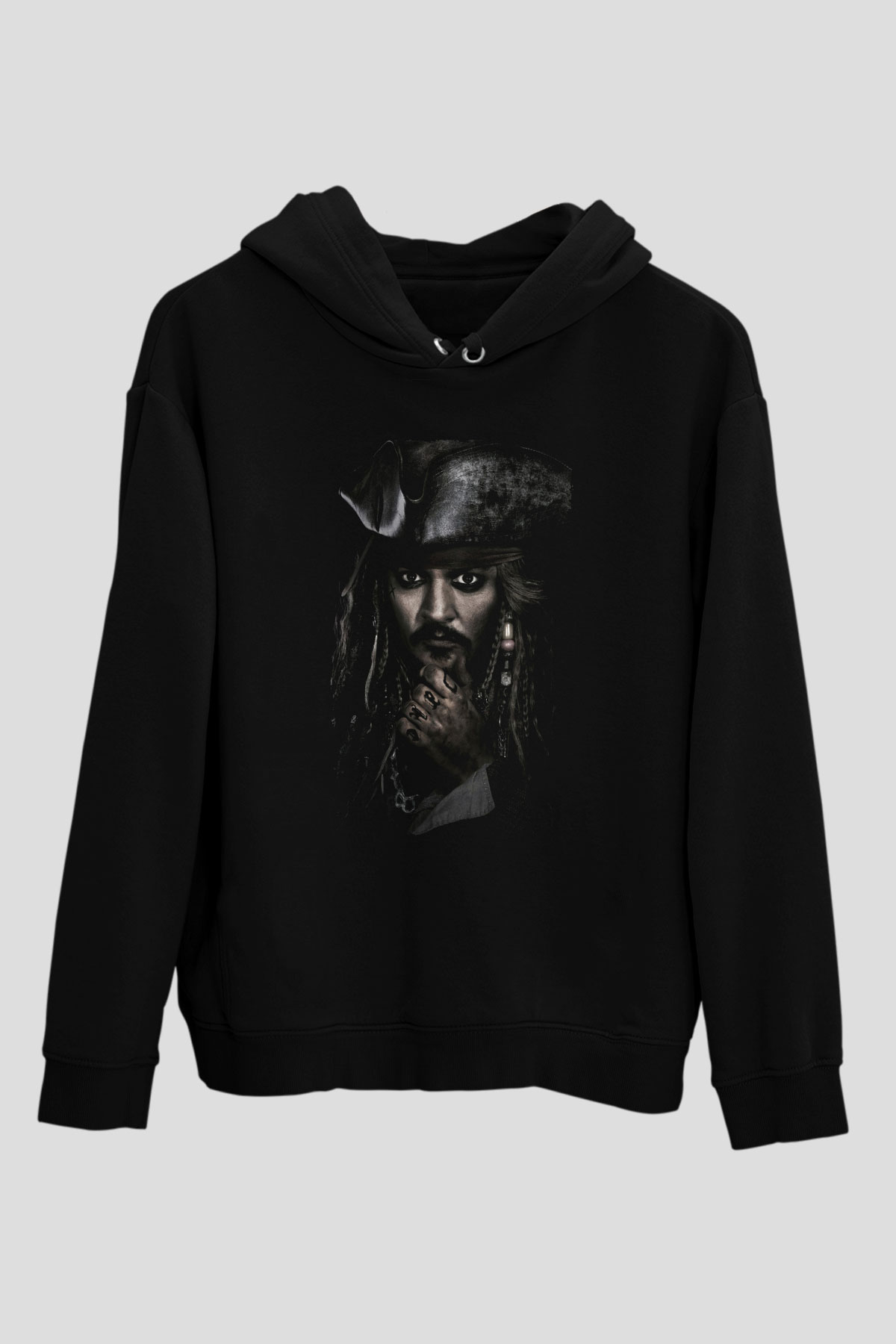Unisex Unisex Karayip Korsanları (Pirates of the Caribbean) Baskılı Siyah Kapüşonlu Sweatshirt