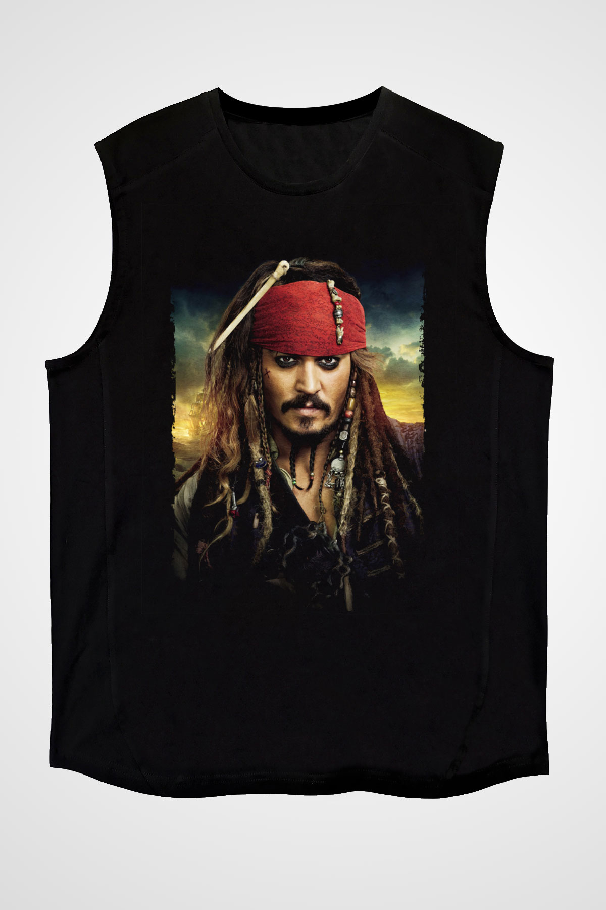 Unisex Unisex Karayip Korsanları (Pirates of the Caribbean) Baskılı Siyah Kolsuz Tshirt