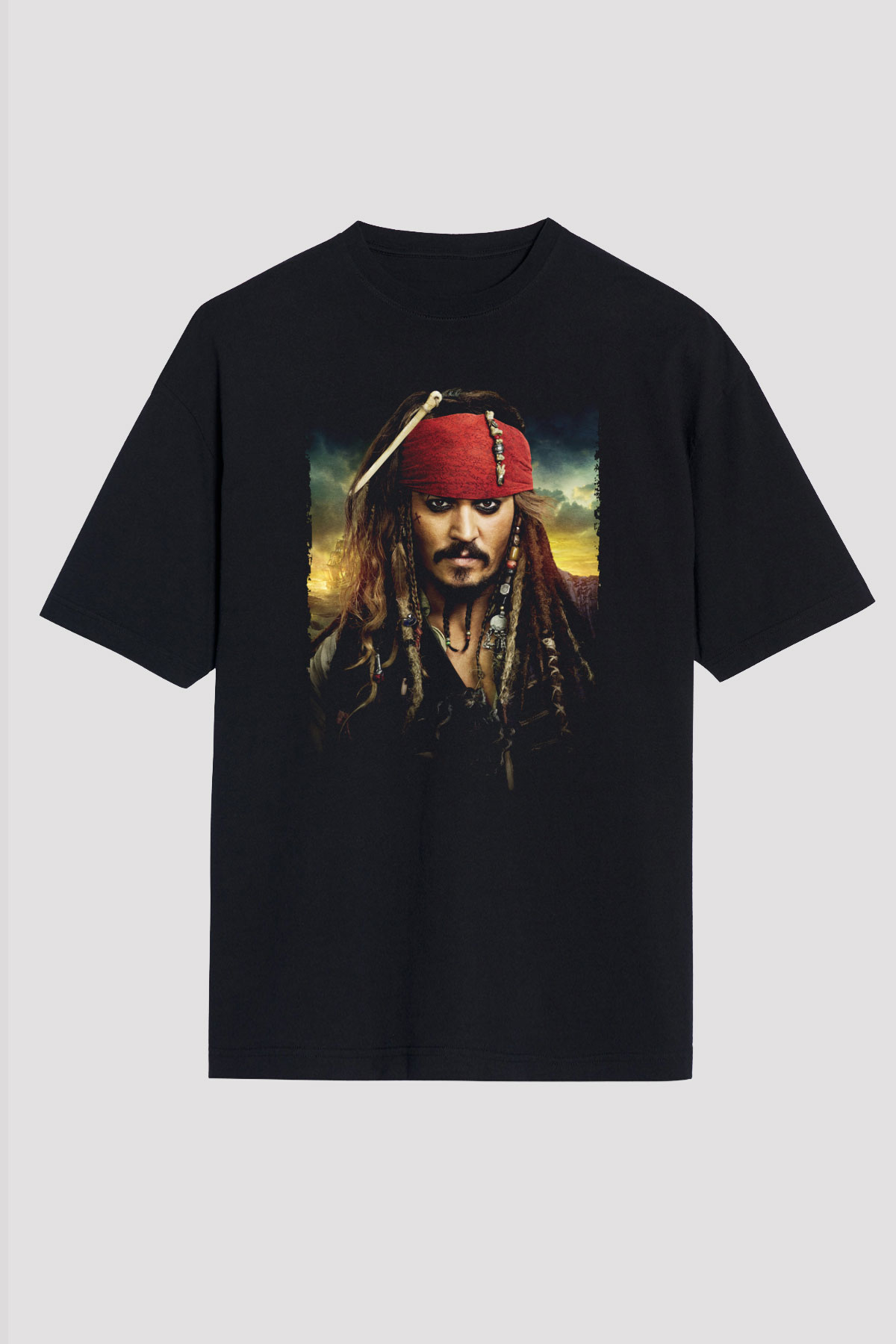 Unisex Unisex Karayip Korsanları (Pirates of the Caribbean) Baskılı Siyah Oversize Tshirt