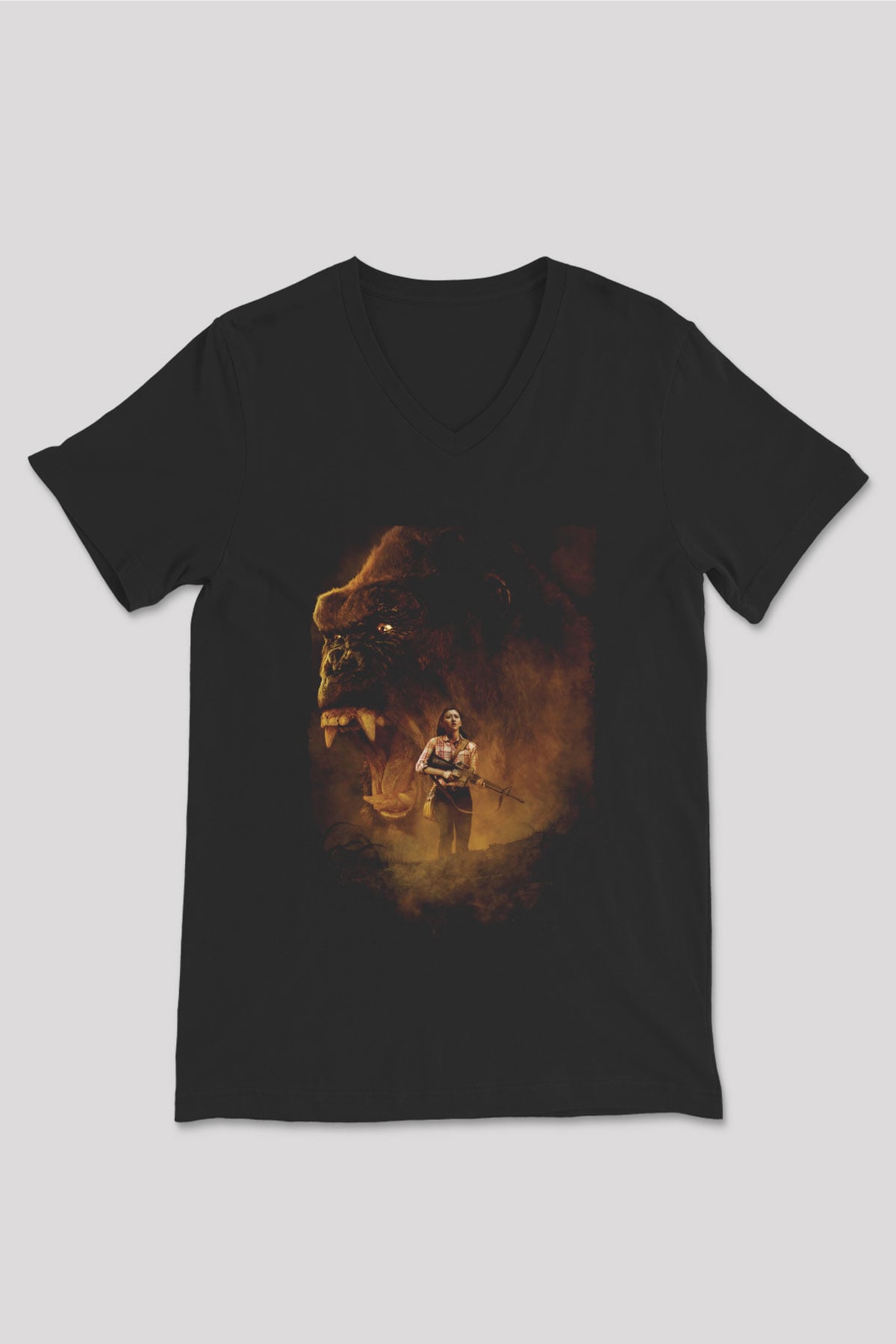 Unisex Unisex Kong Kafatası Adası (Kong Skull Island) Baskılı Siyah V Yaka Tshirt
