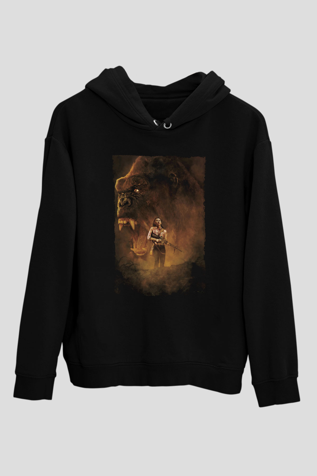 Unisex Unisex Kong Kafatası Adası (Kong Skull Island) Baskılı Siyah Kapüşonlu Sweatshirt