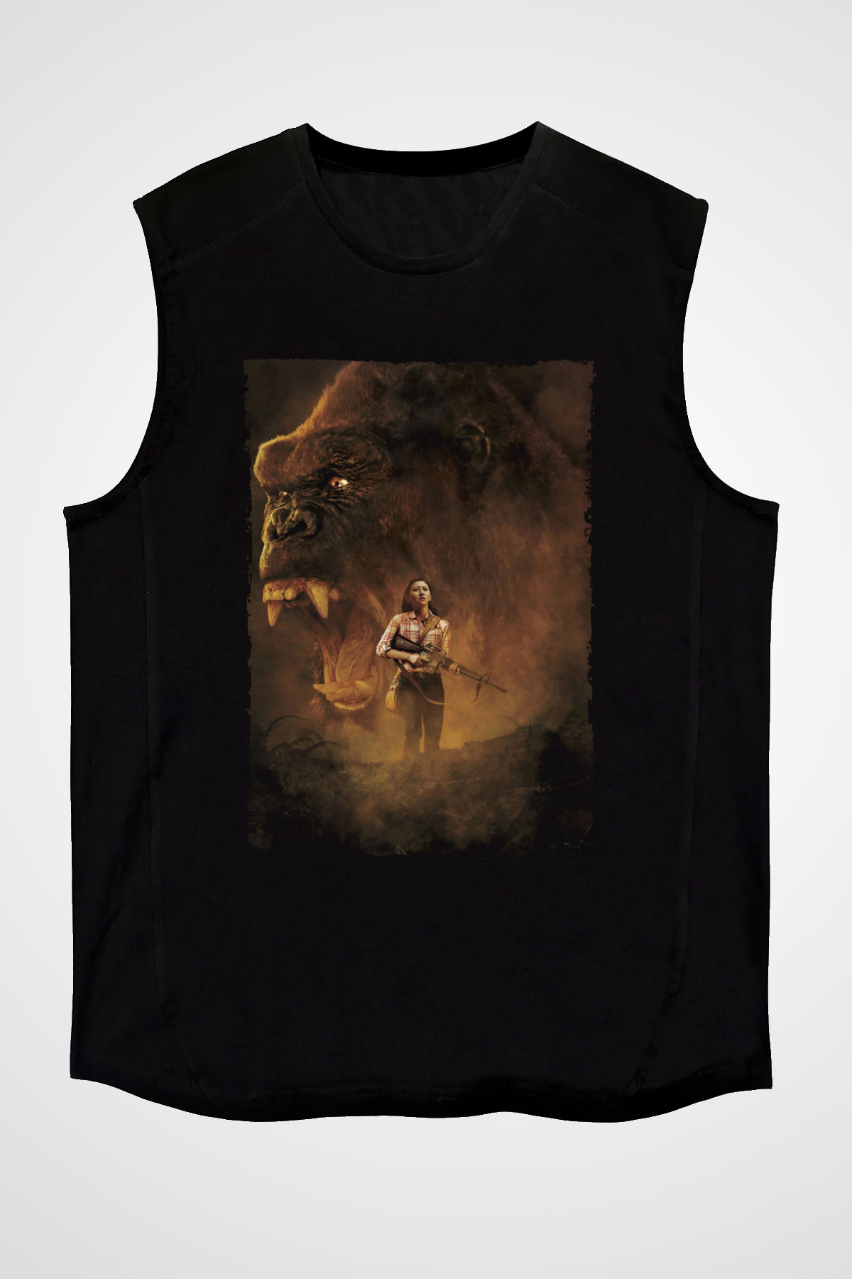 Unisex Unisex Kong Kafatası Adası (Kong Skull Island) Baskılı Siyah Kolsuz Tshirt