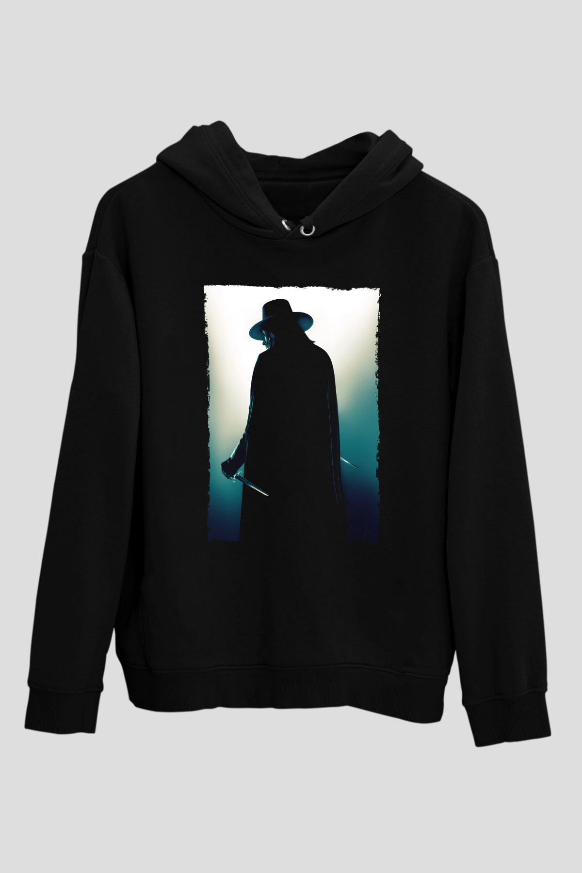 Unisex V for Vendetta Baskılı Siyah Kapüşonlu Sweatshirt