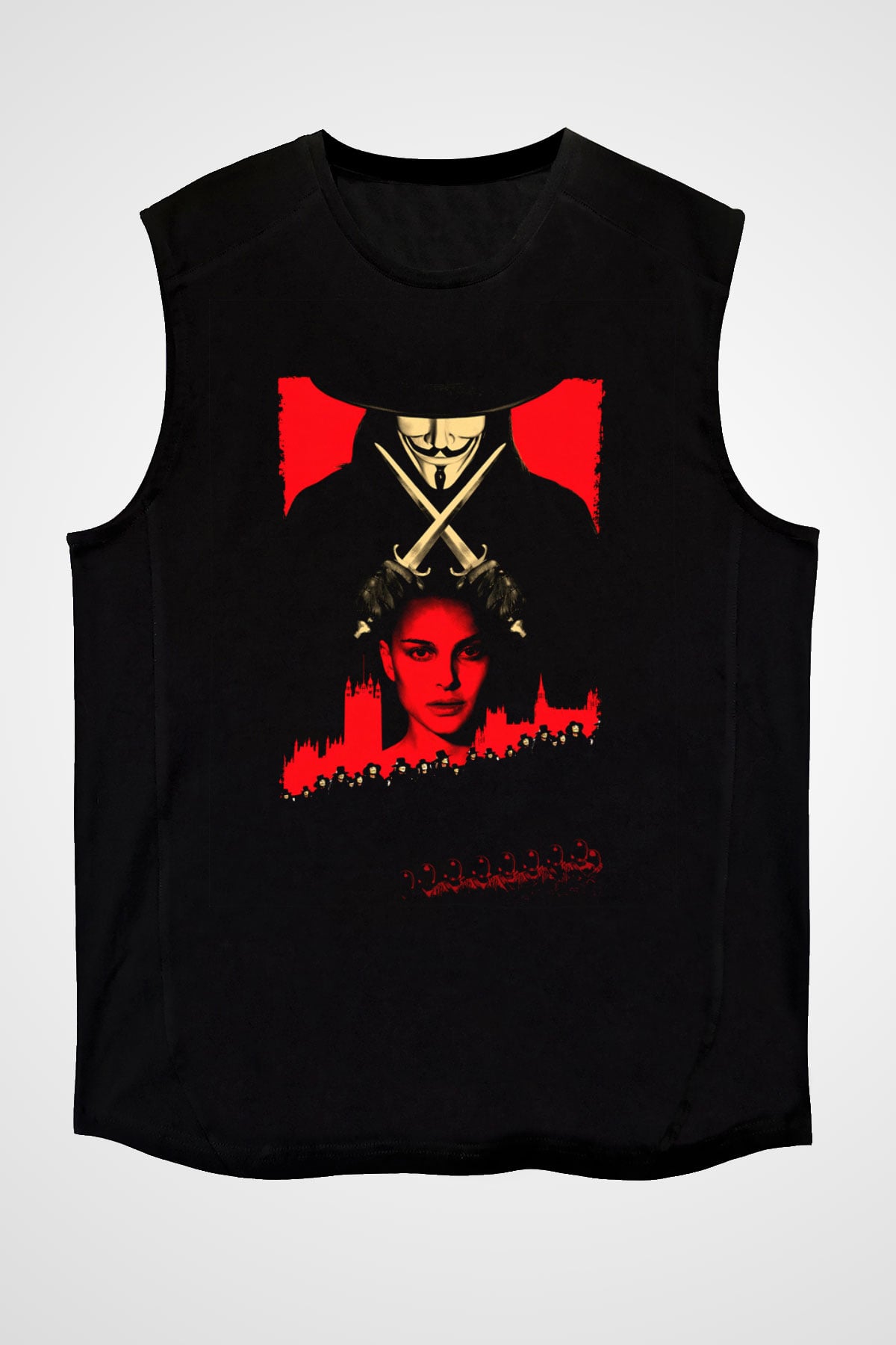 Unisex V for Vendetta Baskılı Siyah Kolsuz Tshirt