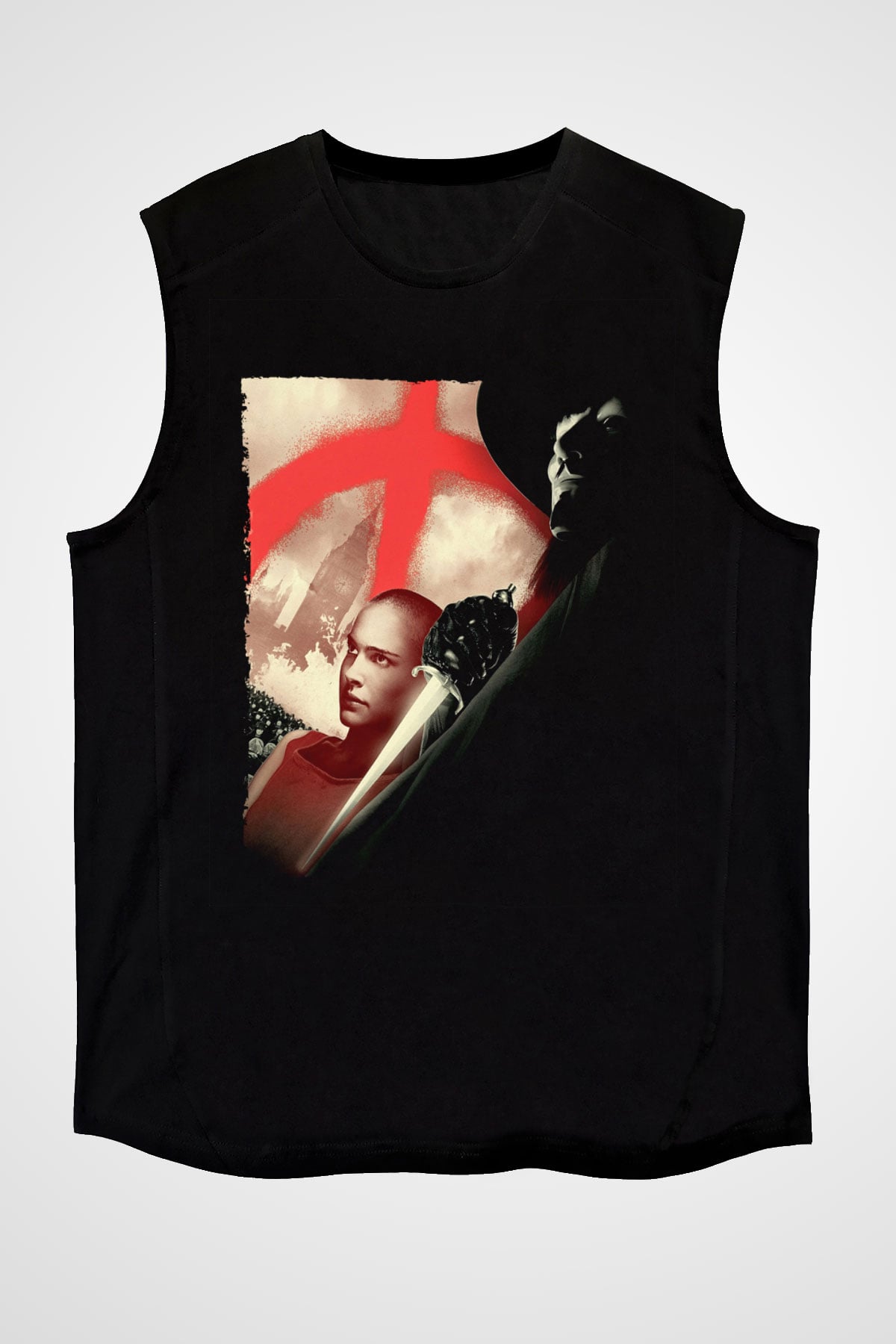 Unisex V for Vendetta Baskılı Siyah Kolsuz T-shirt