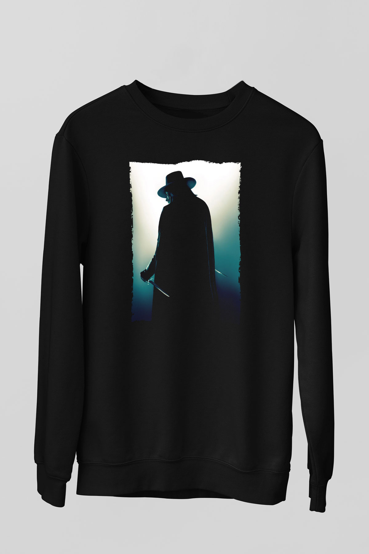 Unisex V for Vendetta Baskılı Siyah Sweatshirt