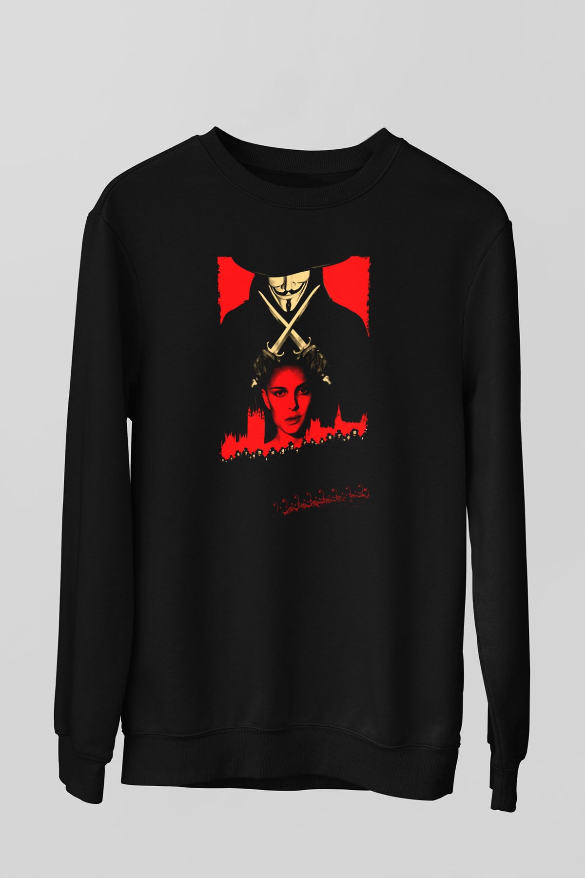 Unisex V for Vendetta Baskılı Siyah Sweatshirt