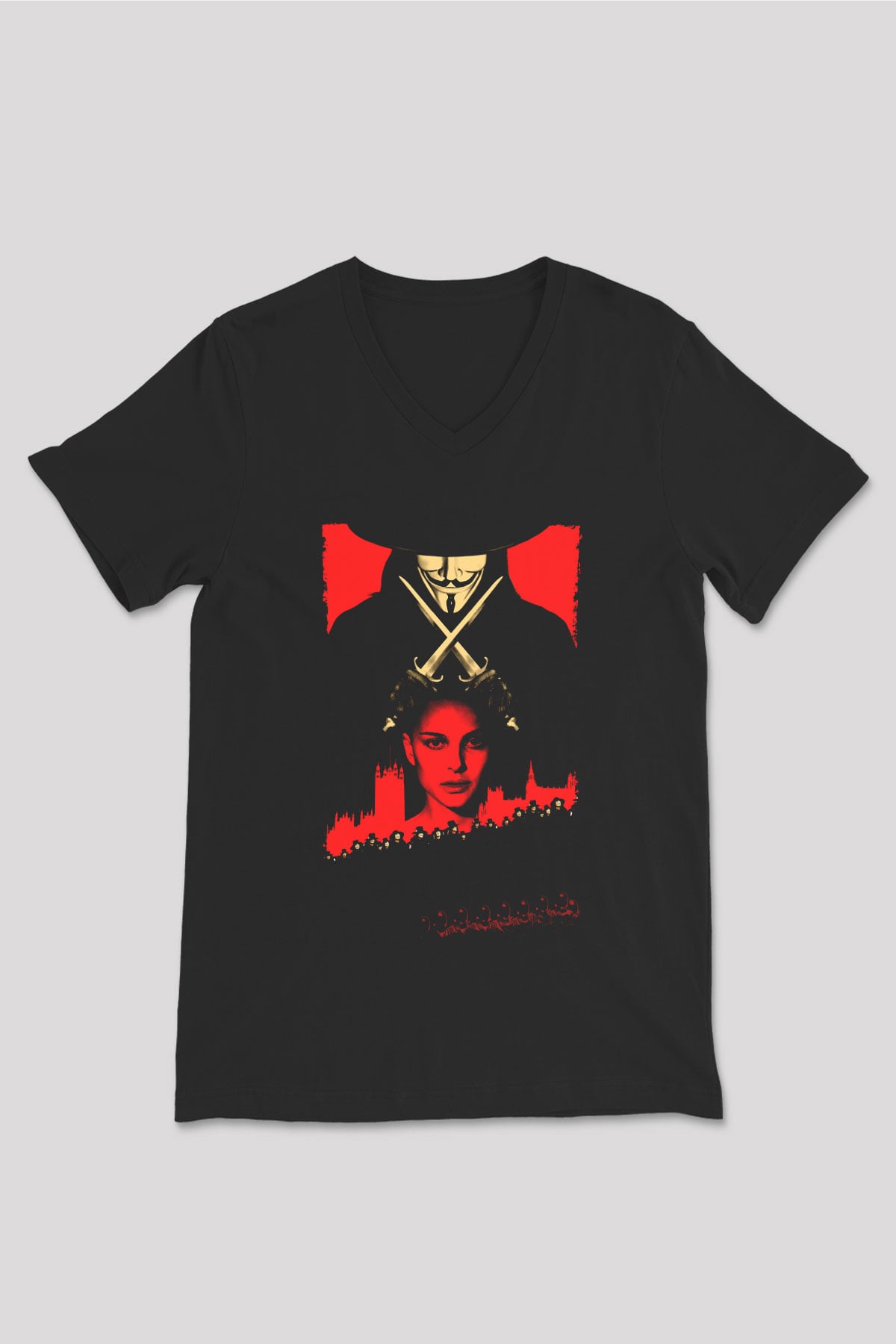 Unisex V for Vendetta Baskılı Siyah V Yaka Tshirt