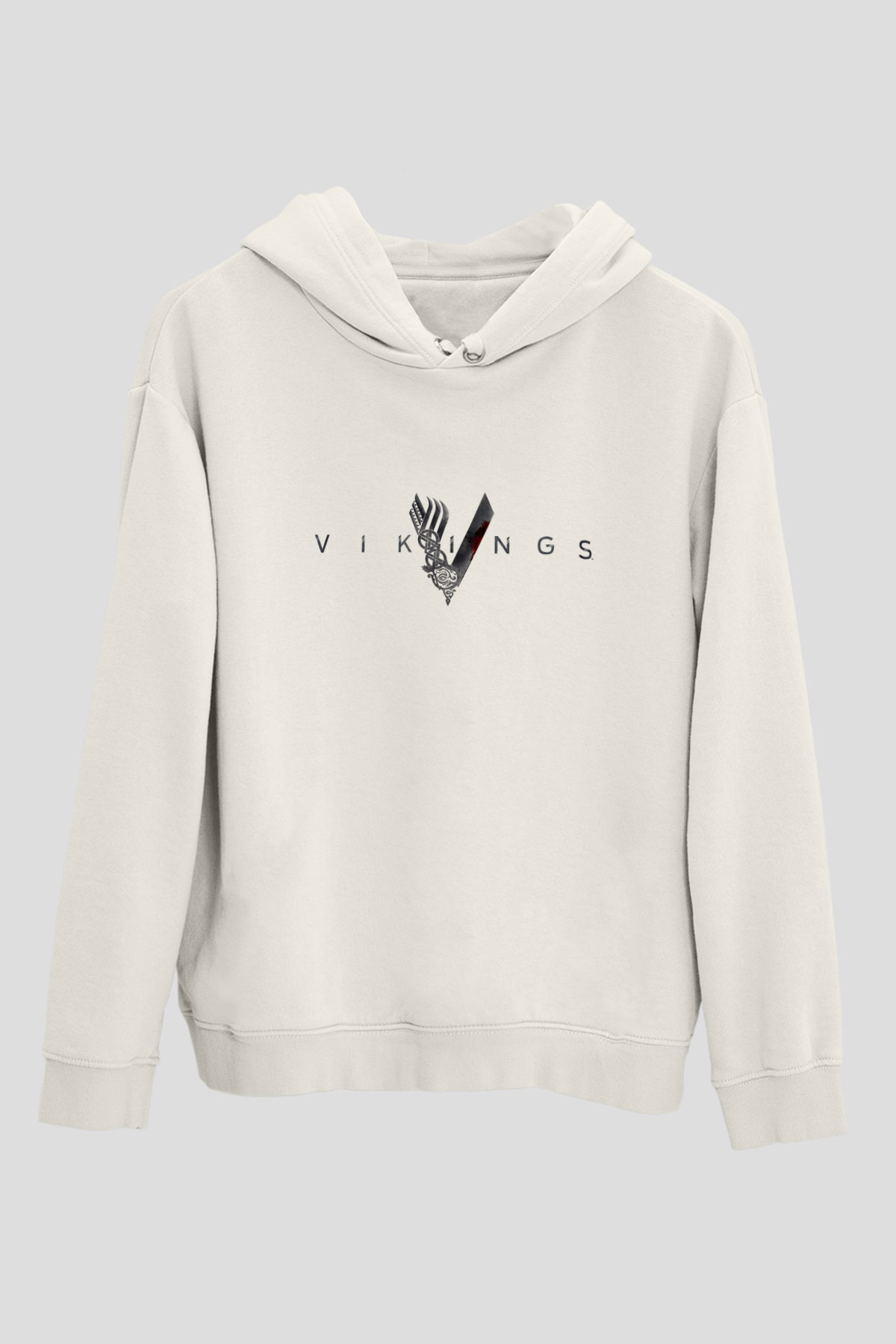 Unisex Vikings Baskılı Beyaz Kapüşonlu Sweatshirt