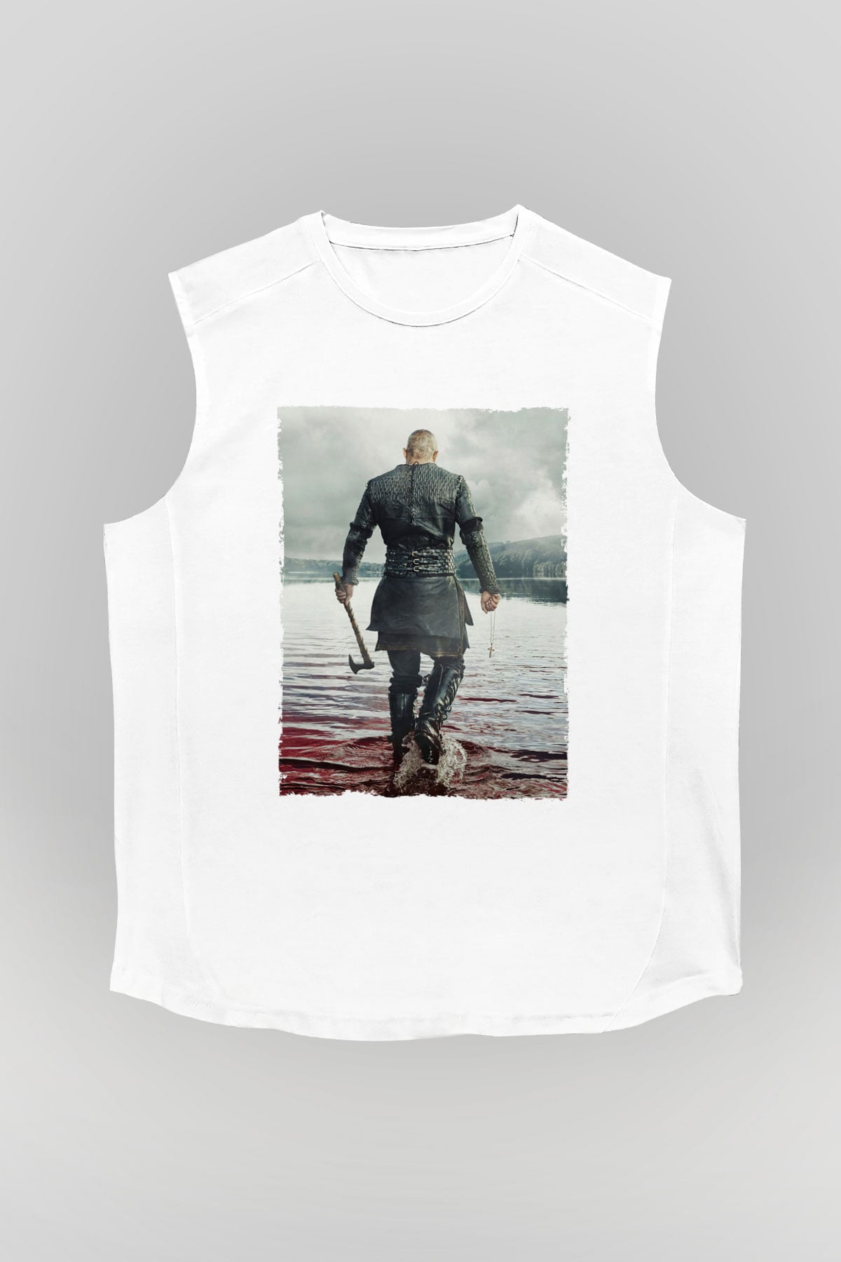 Unisex Vikings Baskılı Beyaz Kolsuz Tshirt