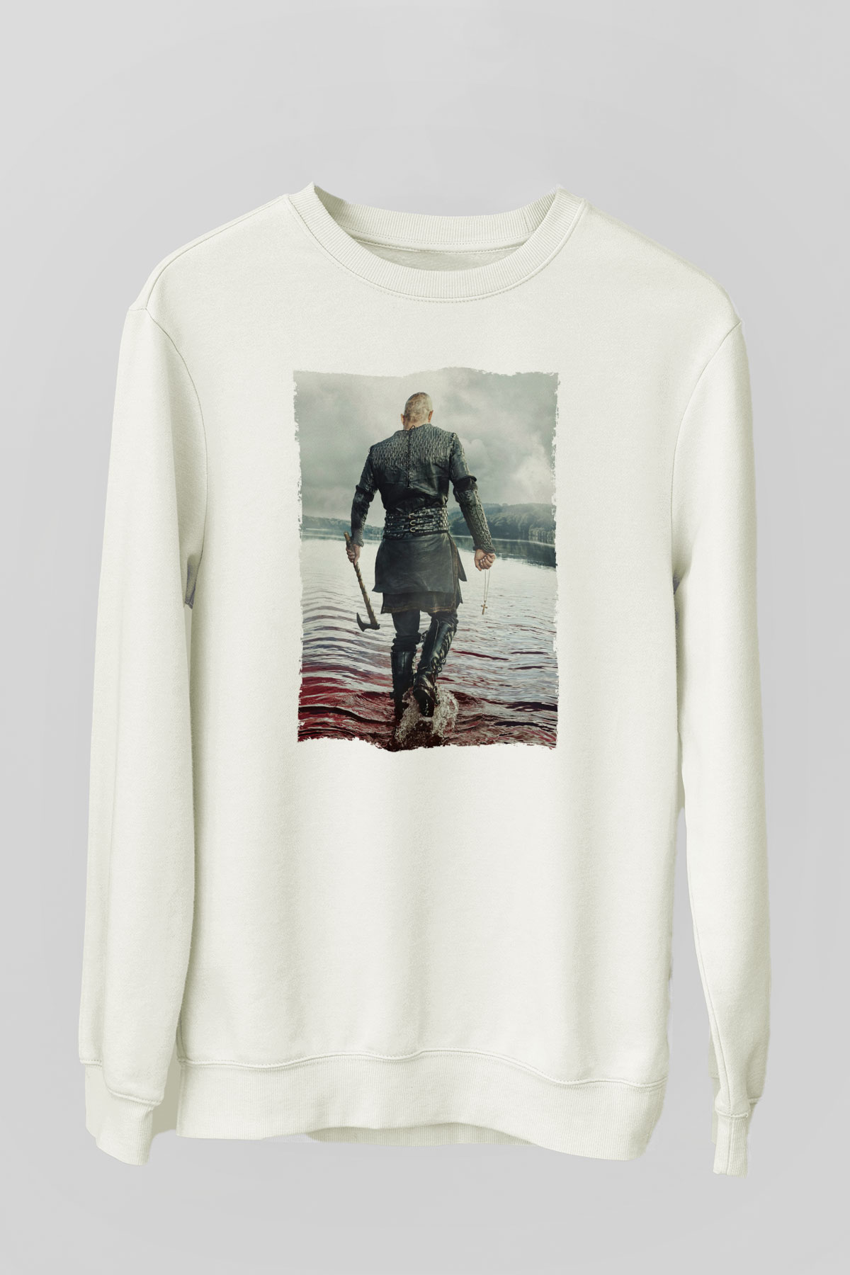 Unisex Vikings Baskılı Beyaz Sweatshirt
