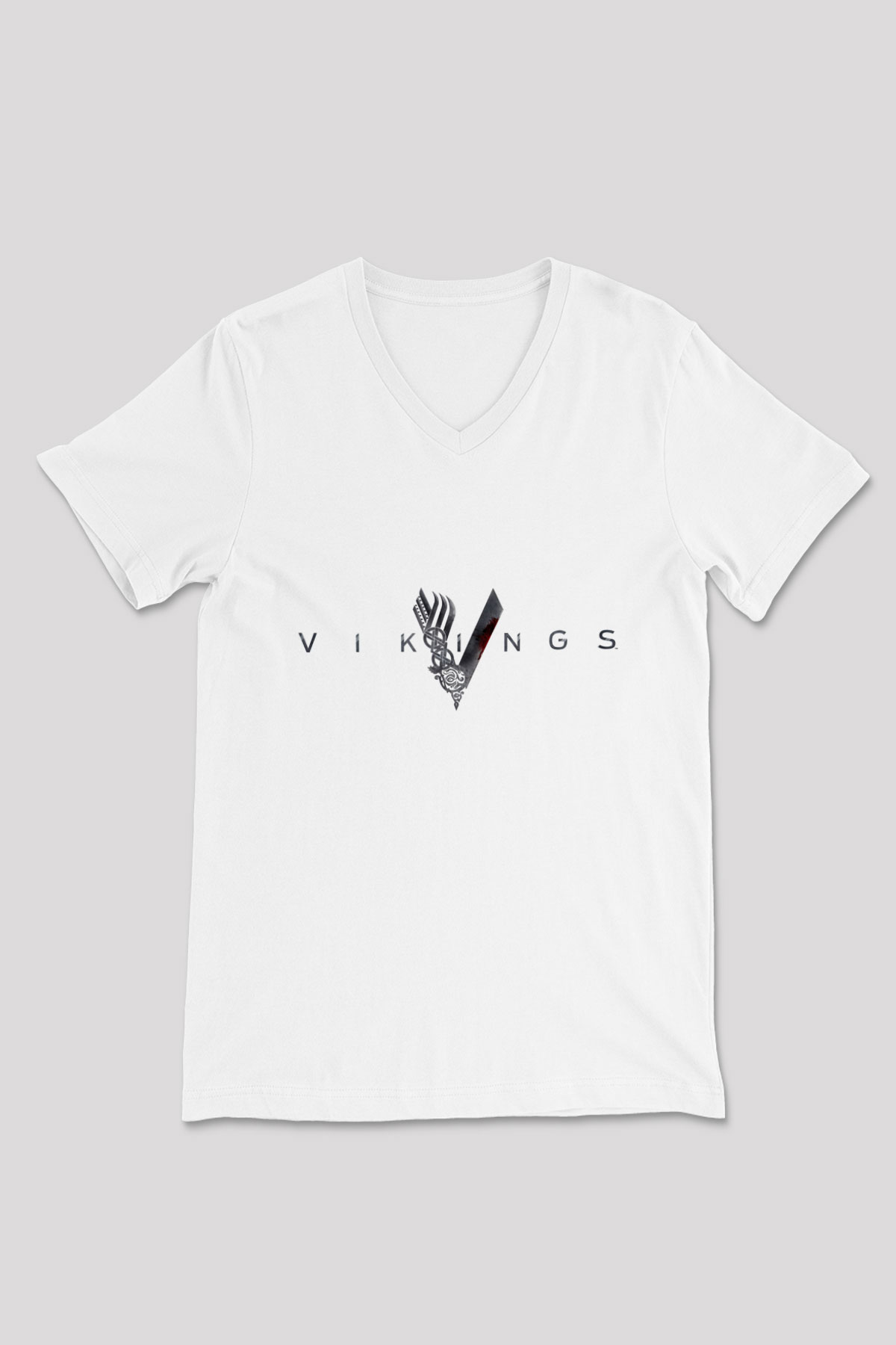 Unisex Vikings Baskılı Beyaz V Yaka T-shirt