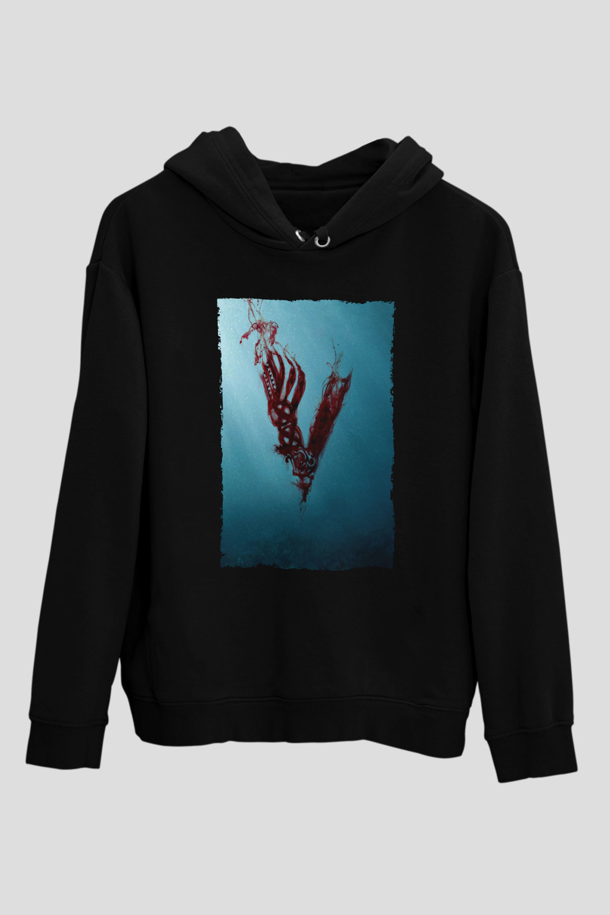 Unisex Vikings Baskılı Siyah Kapüşonlu Sweatshirt