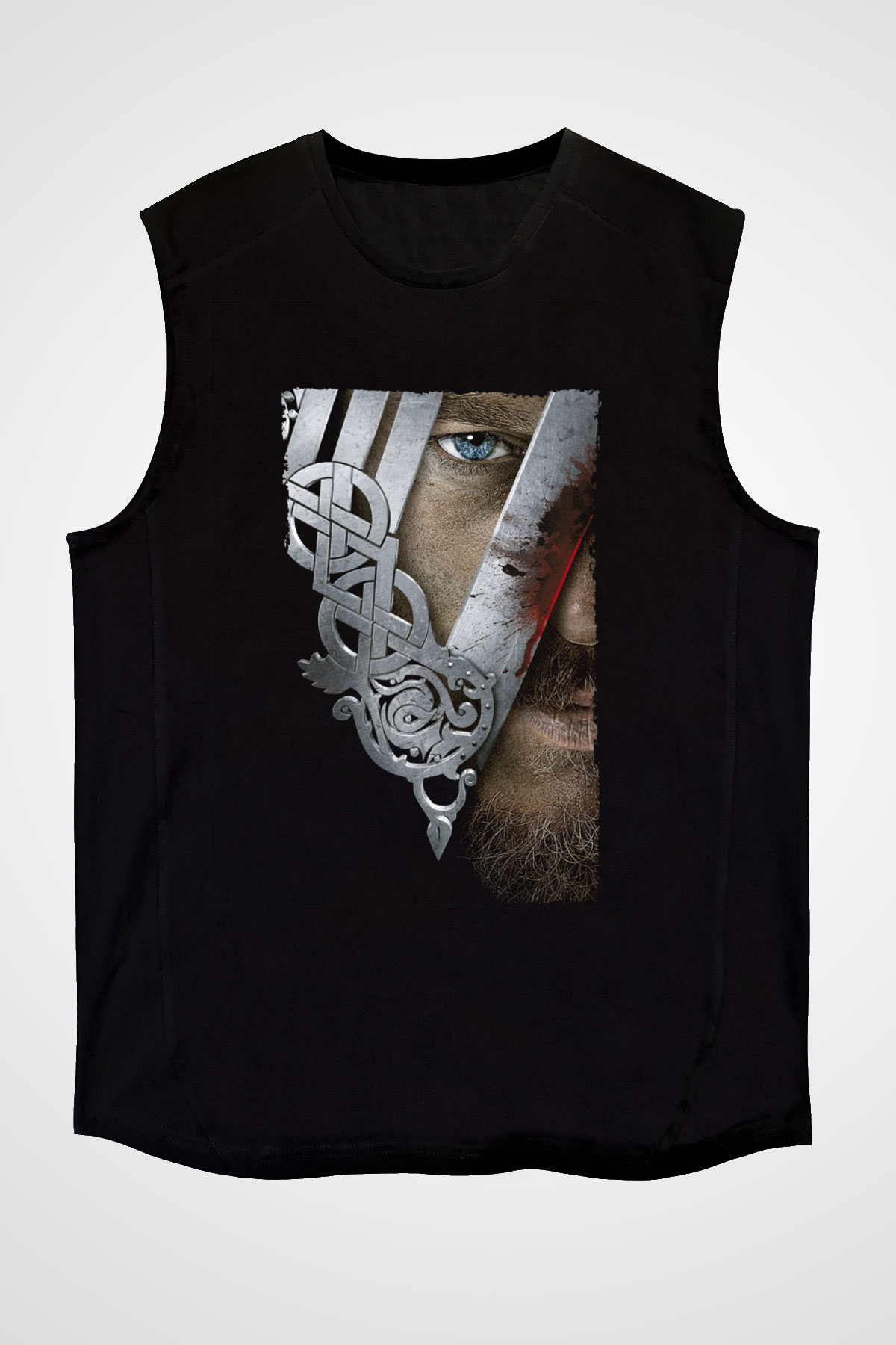 Unisex Vikings Baskılı Siyah Kolsuz Tshirt