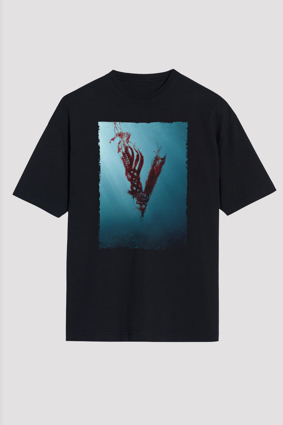 Unisex Vikings Baskılı Siyah Oversize T-shirt