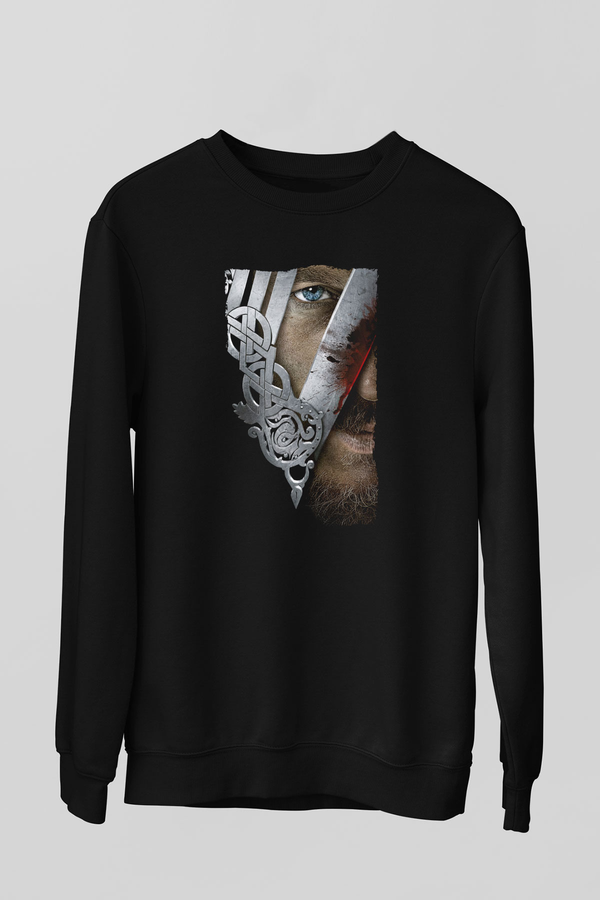Unisex Vikings Baskılı Siyah Sweatshirt