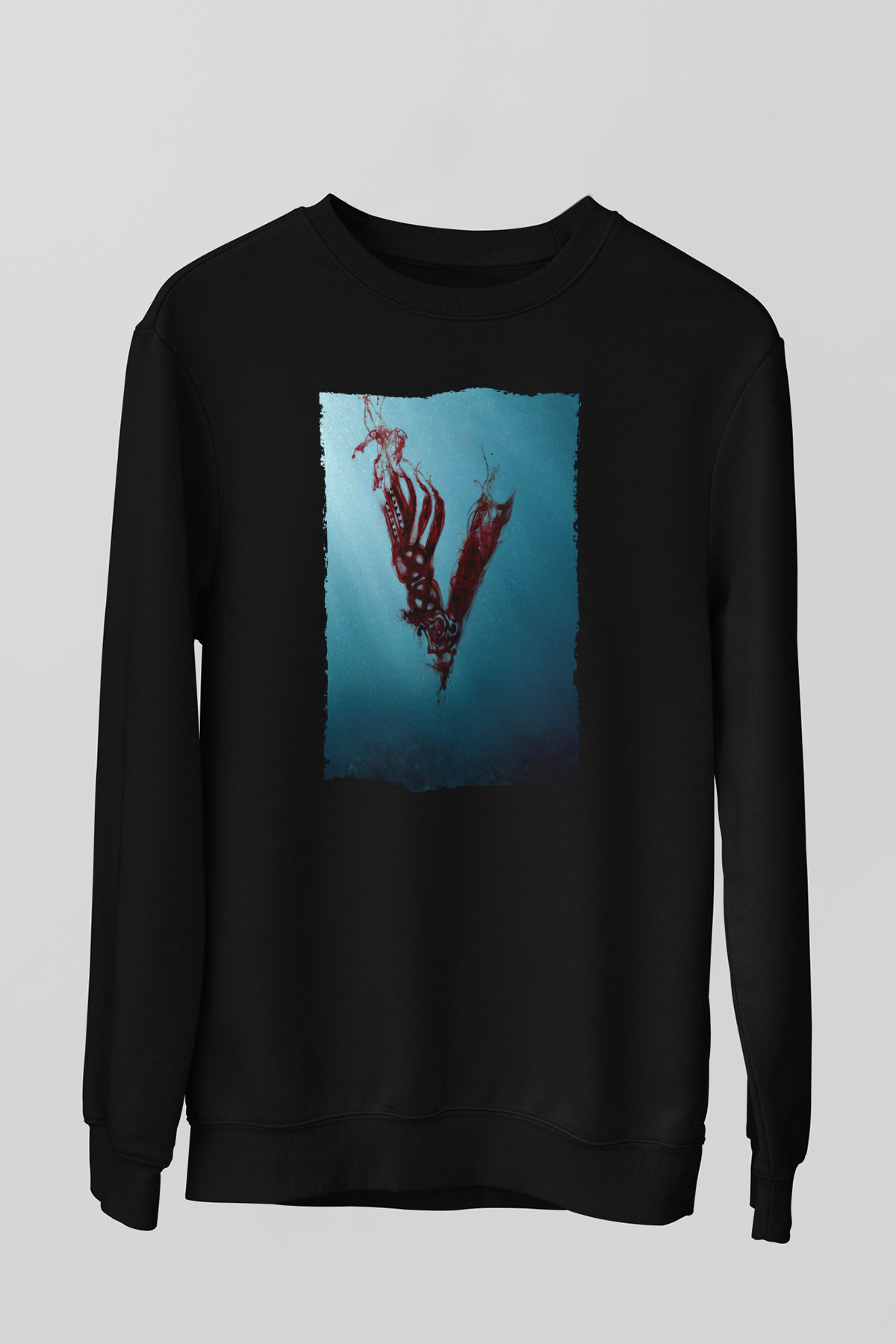 Unisex Vikings Baskılı Siyah Sweatshirt