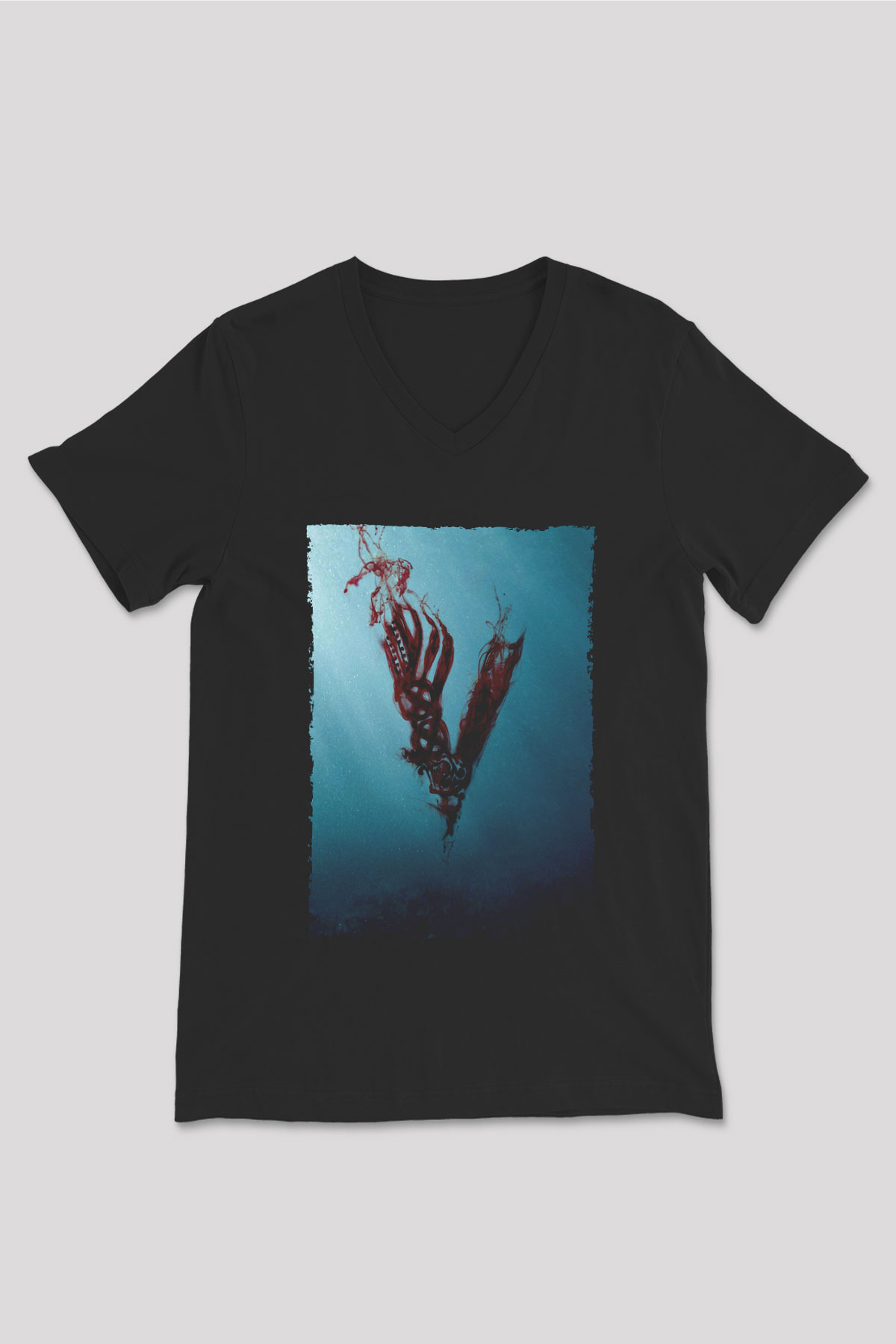 Unisex Vikings Baskılı Siyah V Yaka T-shirt