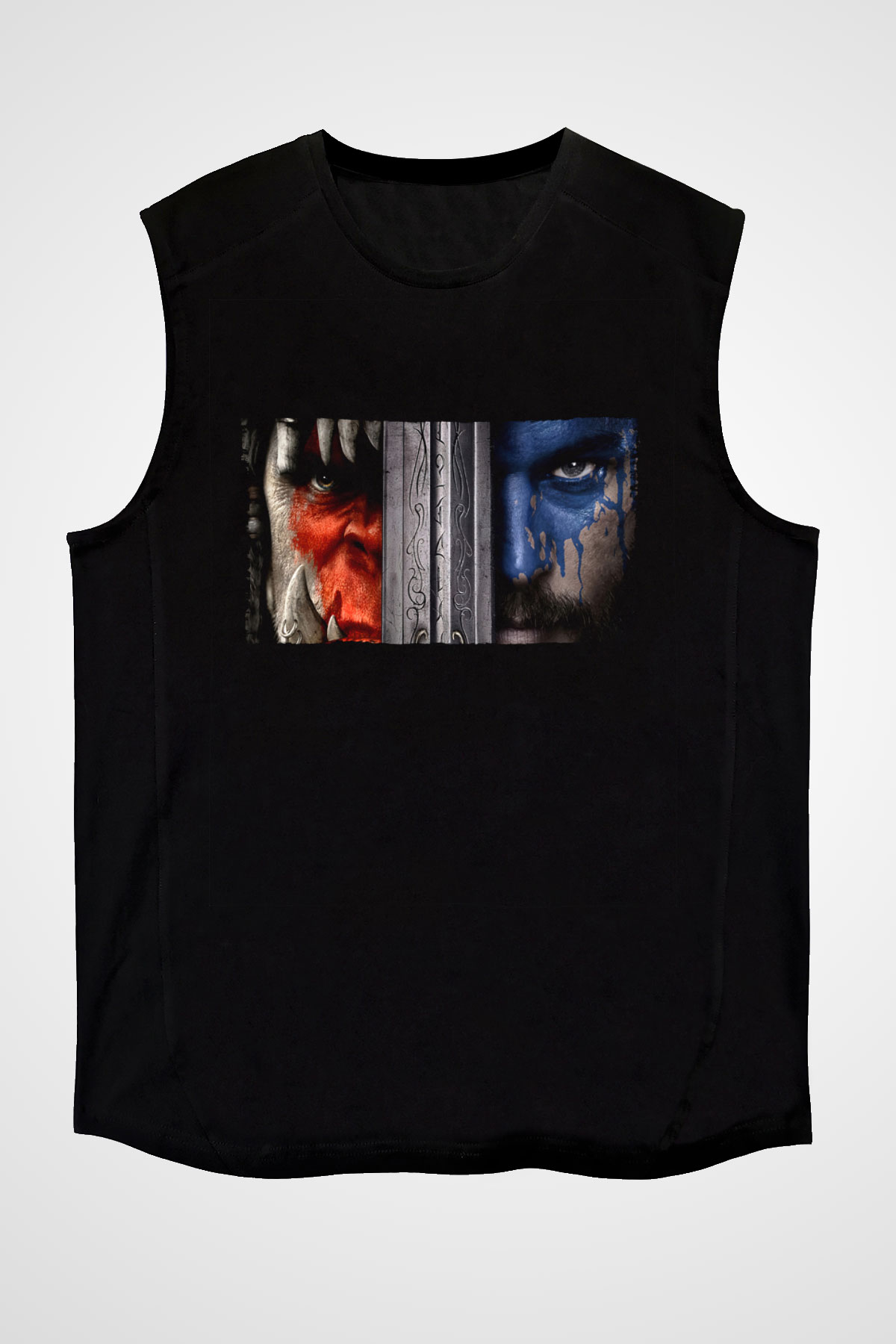 Unisex Warcraft Baskılı Siyah Kolsuz Tişört