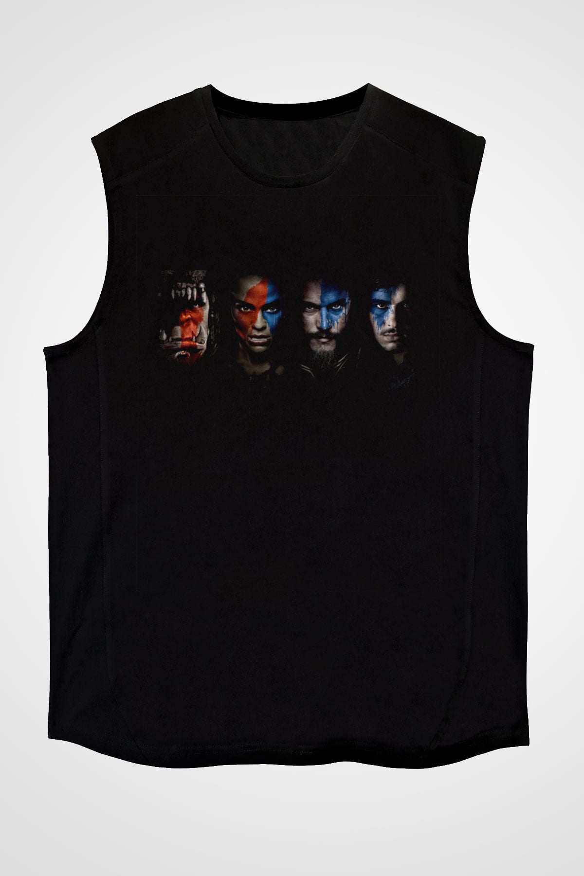 Unisex Warcraft Baskılı Siyah Kolsuz T-shirt