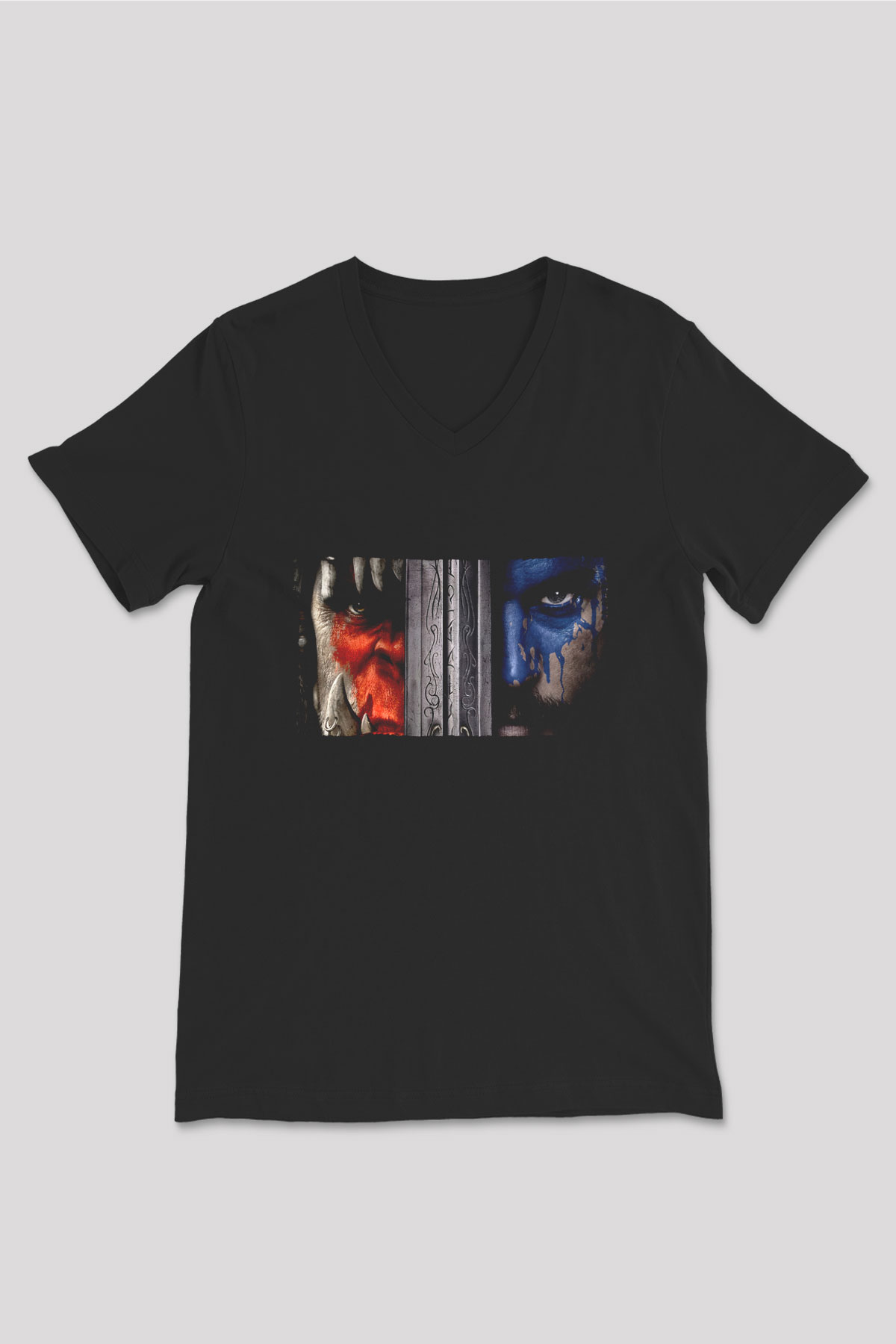 Unisex Warcraft Baskılı Siyah V Yaka Tişört
