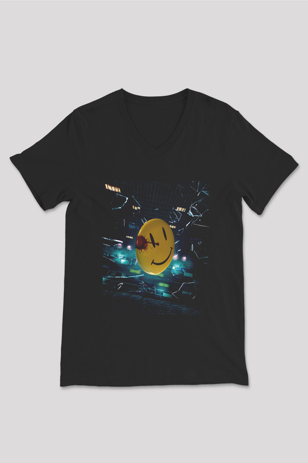 Unisex Watchmen Baskılı Siyah V Yaka Tişört