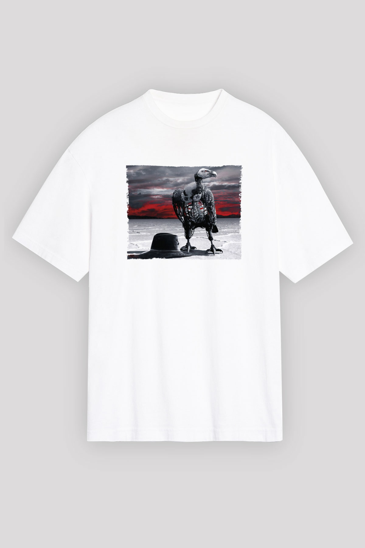Unisex Westworld Baskılı Beyaz Oversize Tişört