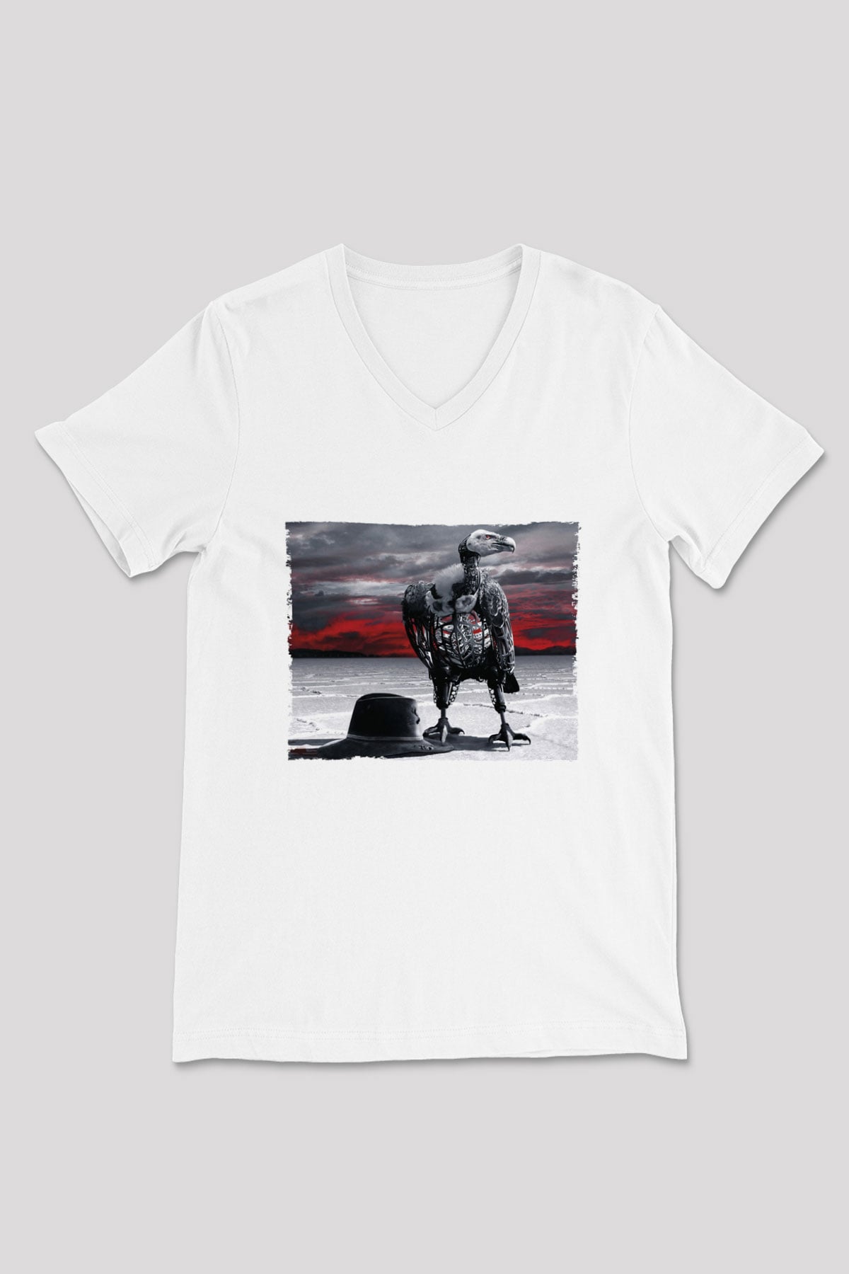 Unisex Westworld Baskılı Beyaz V Yaka Tişört