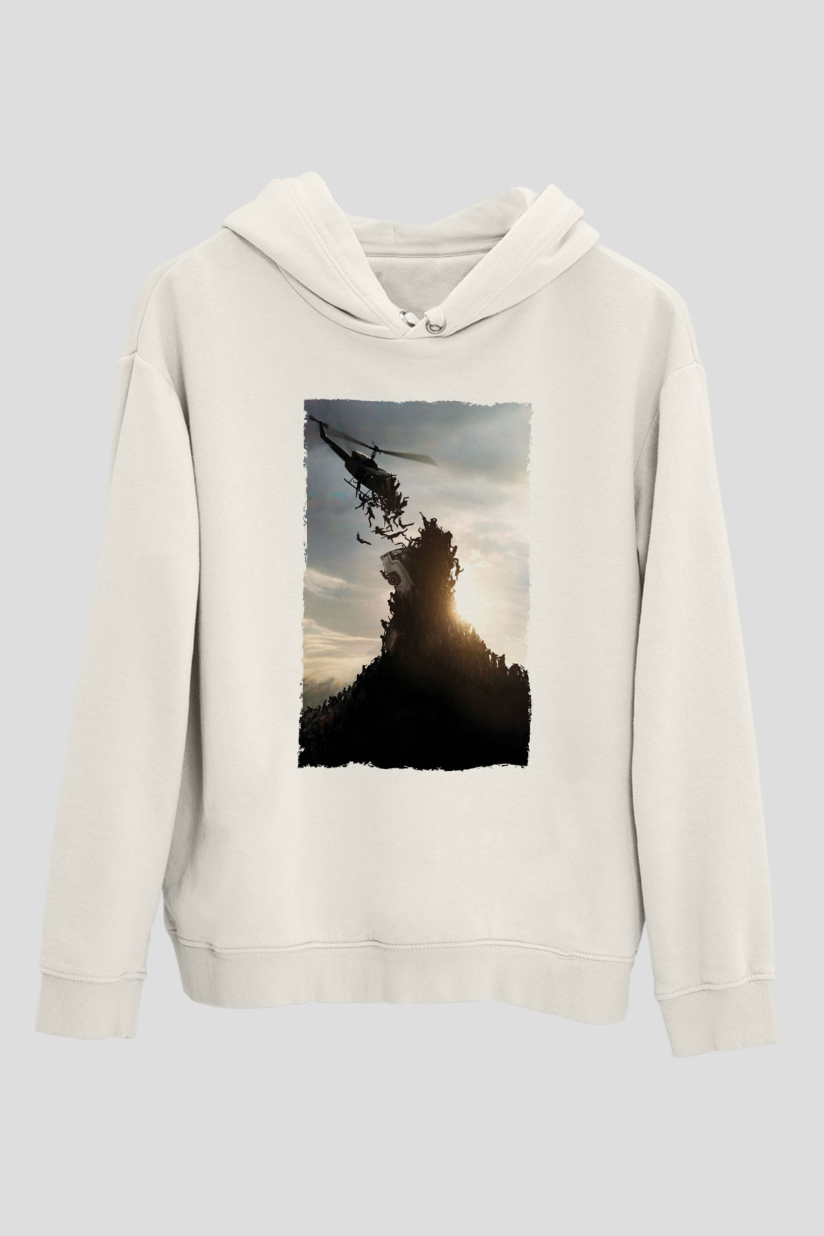 Unisex World War Z Baskılı Beyaz Kapüşonlu Sweatshirt