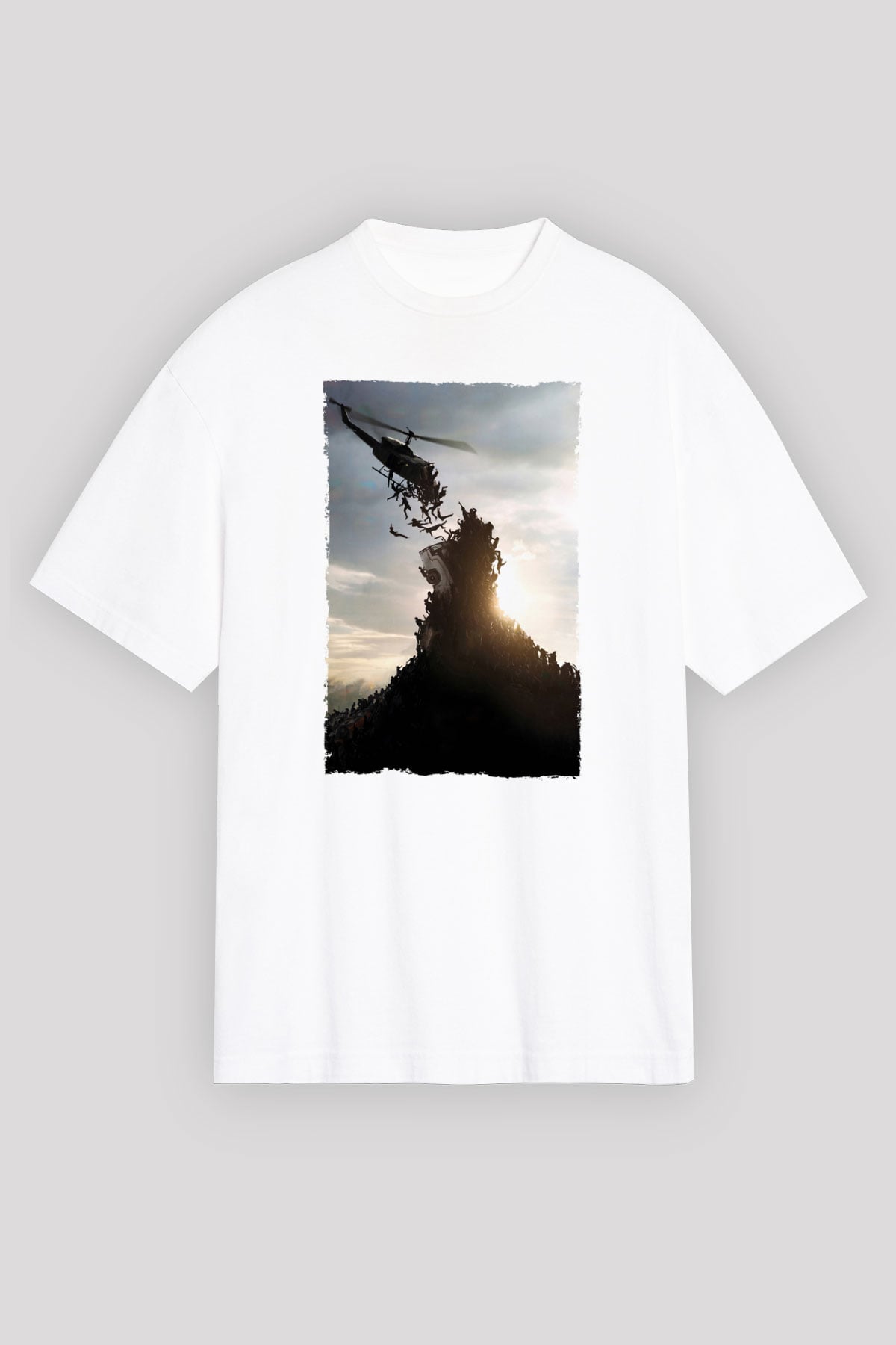 Unisex World War Z Baskılı Beyaz Oversize Tişört