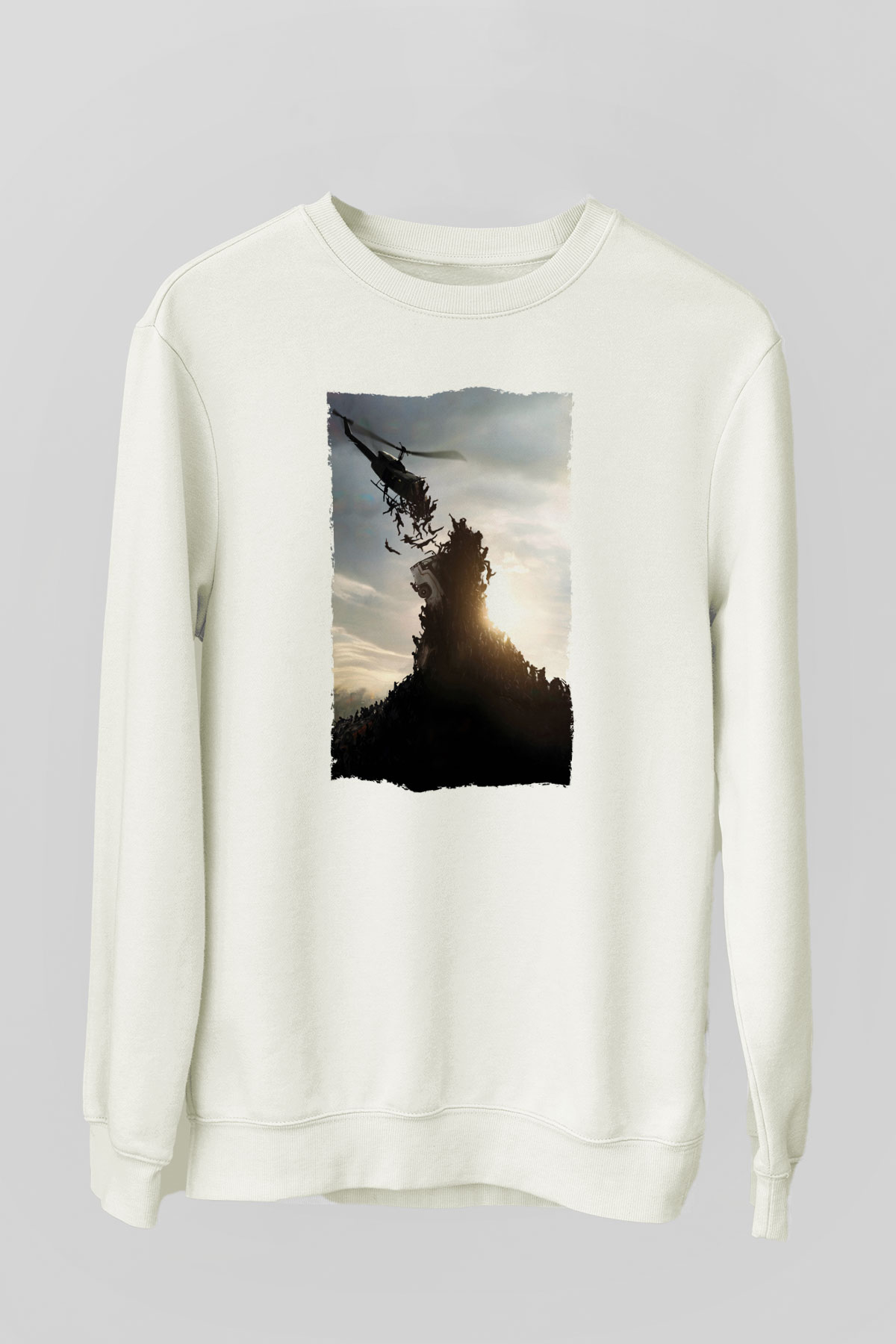 Unisex World War Z Baskılı Beyaz Sweatshirt