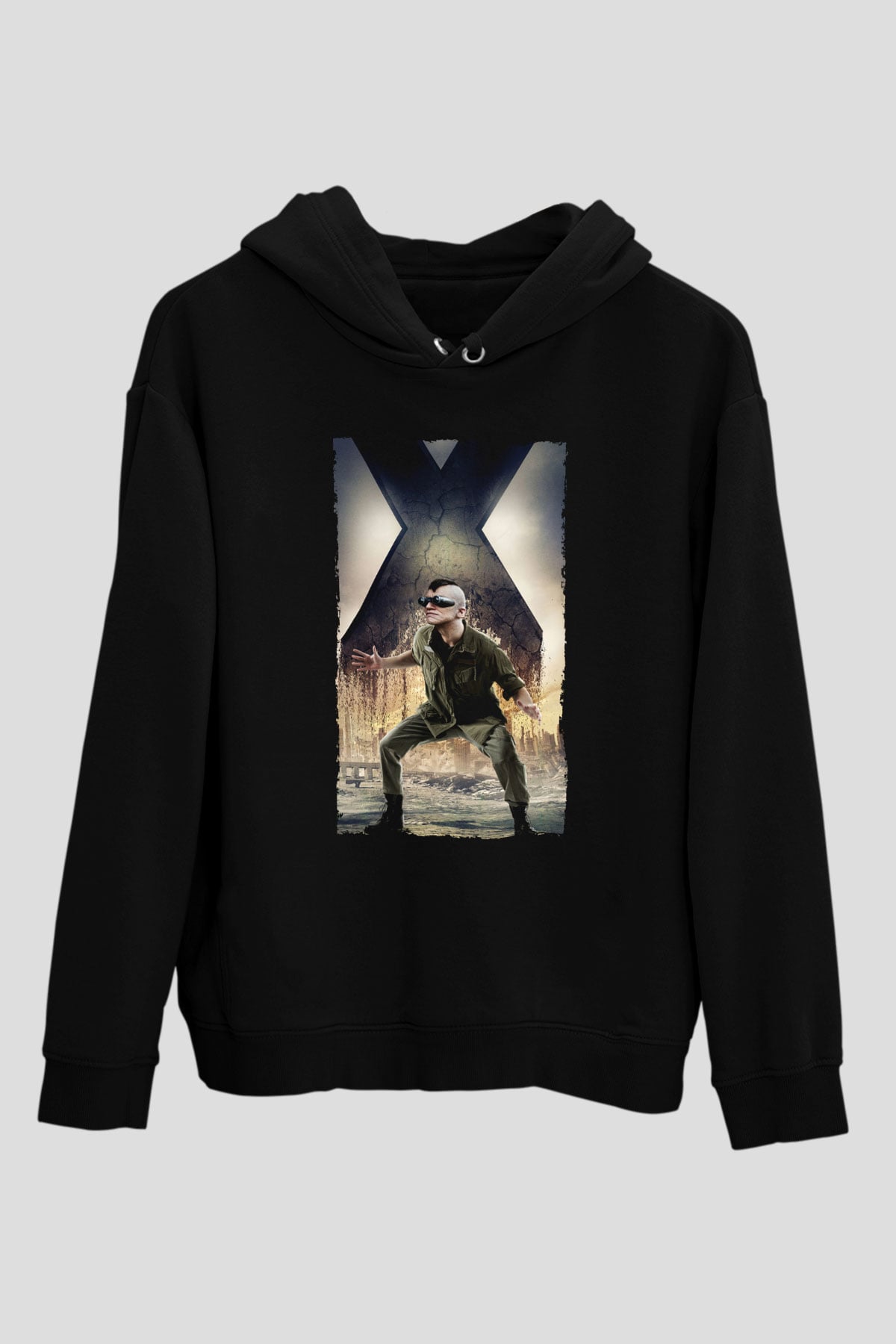 Unisex X-Men Days of Future Past Baskılı Siyah Kapüşonlu Sweatshirt