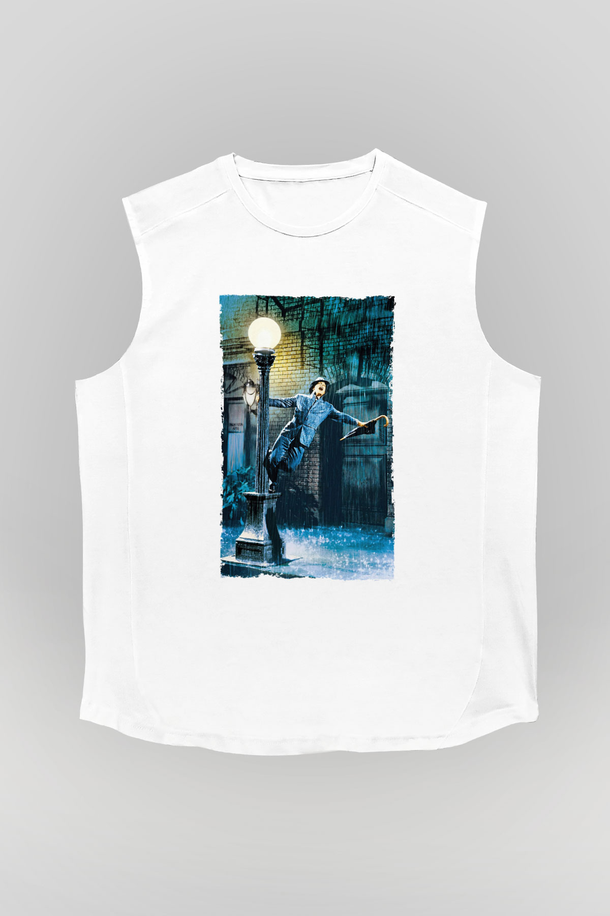 Unisex Yağmur Altında (Singin' in the Rain) Baskılı Beyaz Kolsuz T-shirt