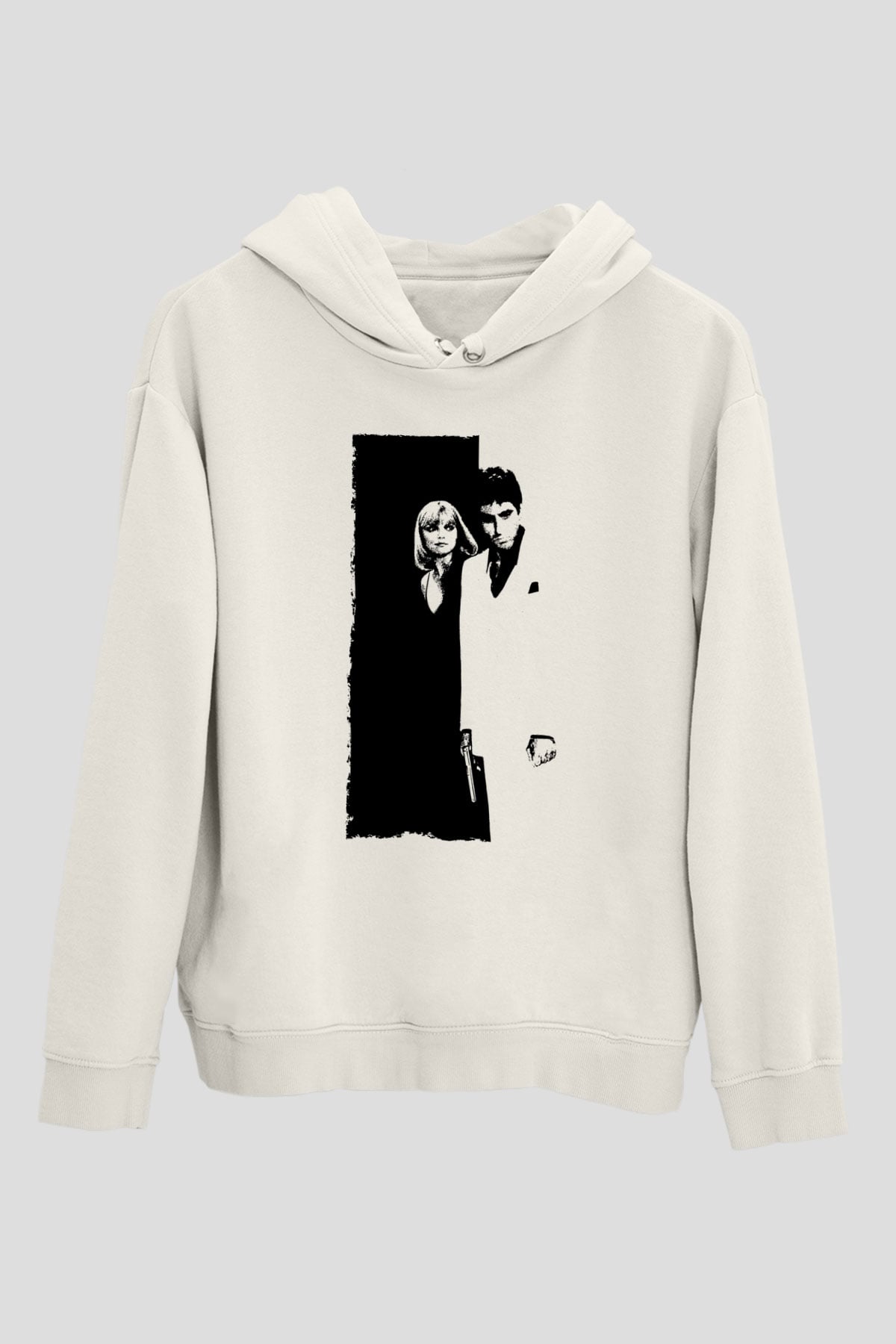 Unisex Yaralı Yüz (Scarface) Baskılı Beyaz Kapüşonlu Sweatshirt