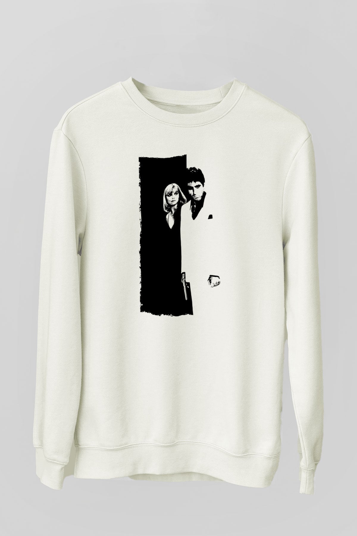 Unisex Yaralı Yüz (Scarface) Baskılı Beyaz Sweatshirt