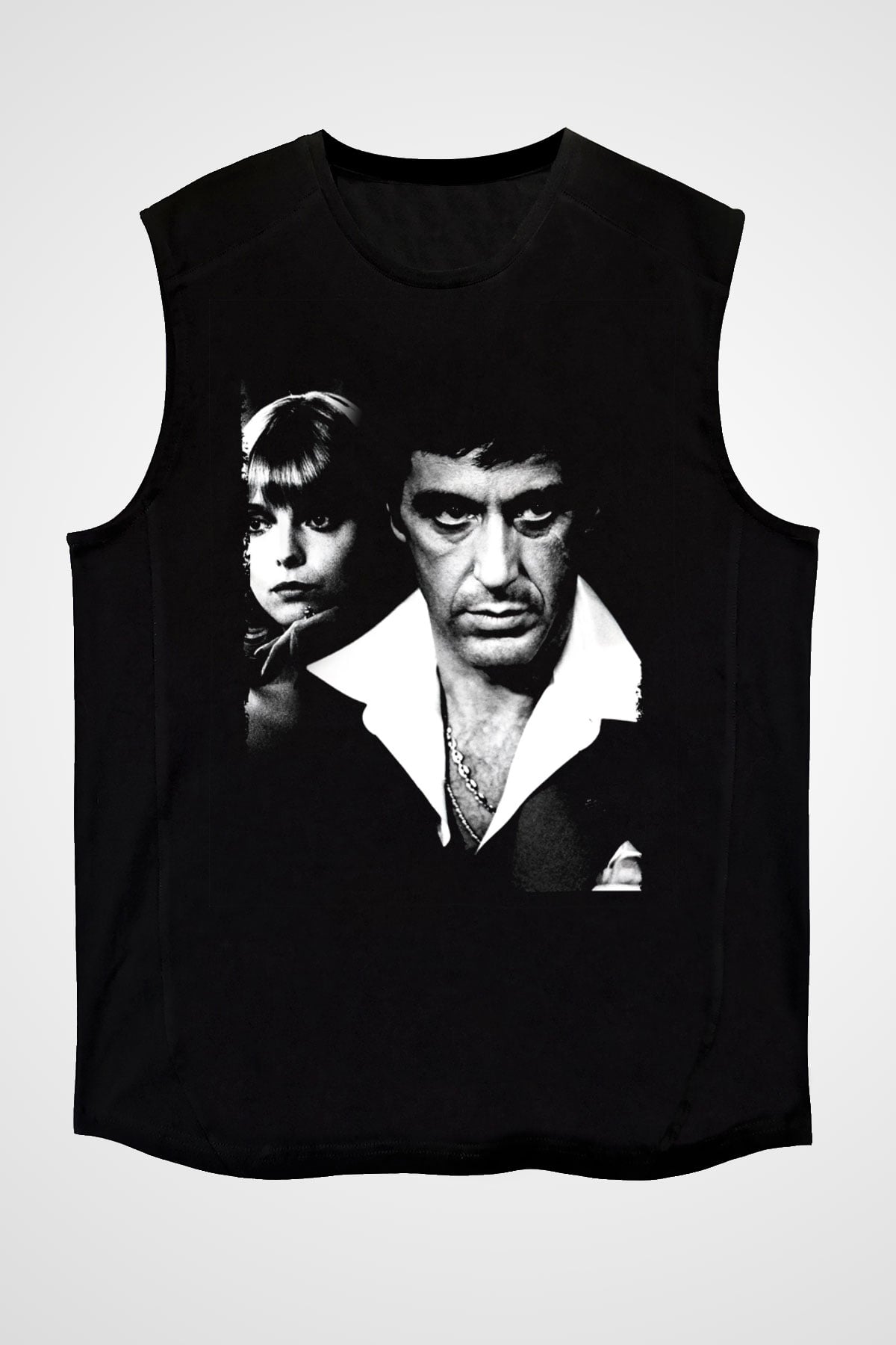 Unisex Yaralı Yüz (Scarface) Baskılı Siyah Kolsuz Tişört