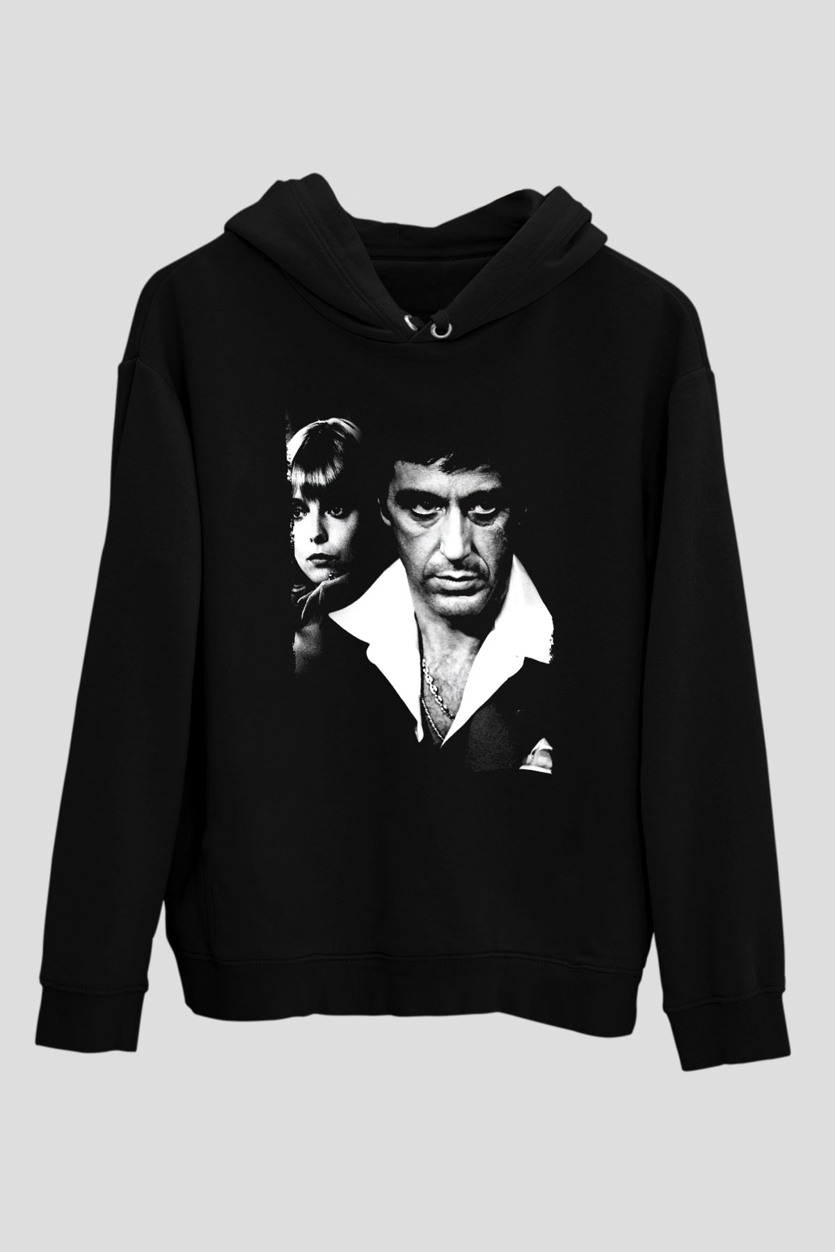 Unisex Yaralı Yüz (Scarface) Baskılı Siyah Kapüşonlu Sweatshirt