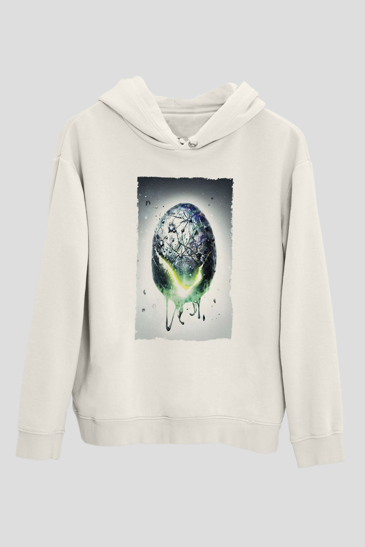 Unisex Yaratık - Alien Baskılı Beyaz Kapüşonlu Sweatshirt