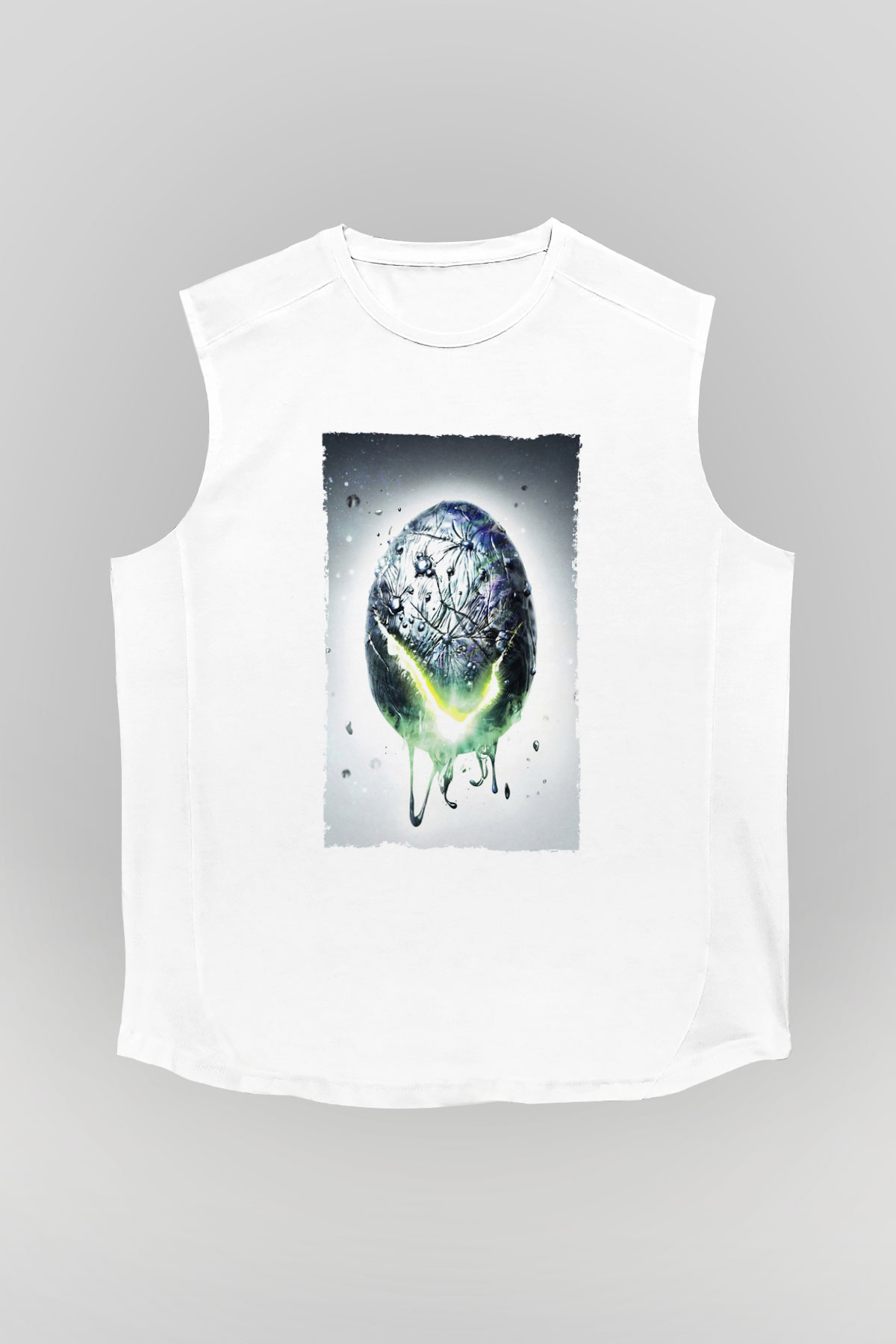 Unisex Yaratık - Alien Baskılı Beyaz Kolsuz Tshirt
