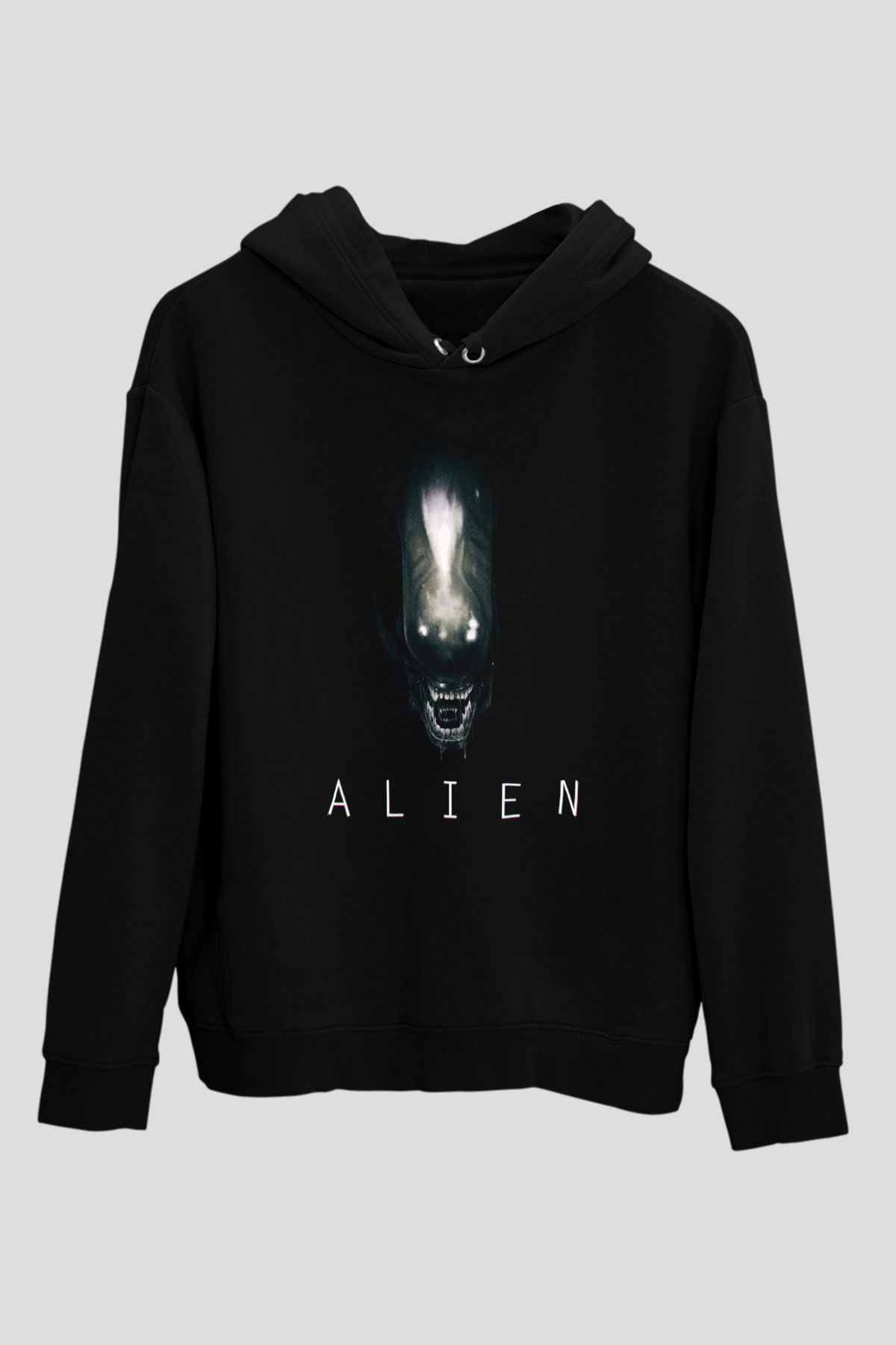Unisex Yaratık (Alien) Baskılı Siyah Kapüşonlu Sweatshirt