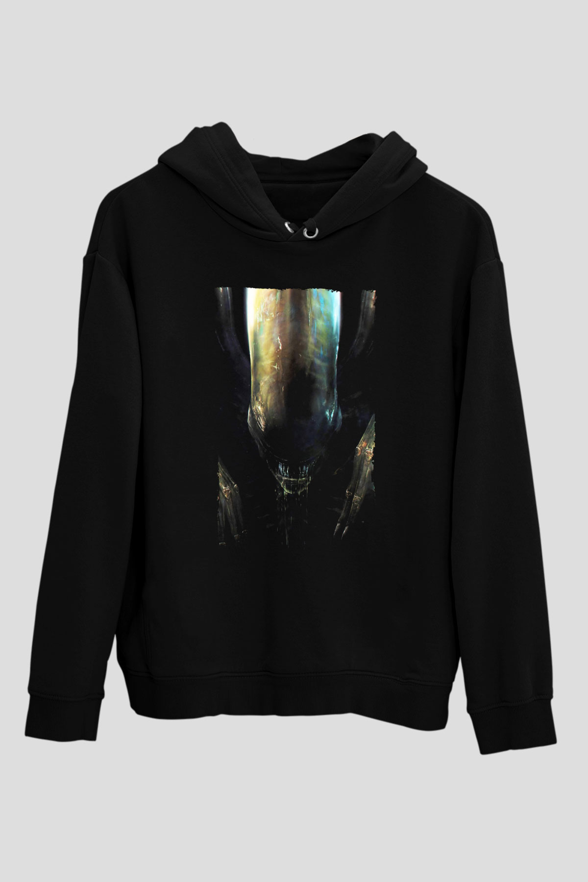 Unisex Yaratık (Alien) Baskılı Siyah Kapüşonlu Sweatshirt