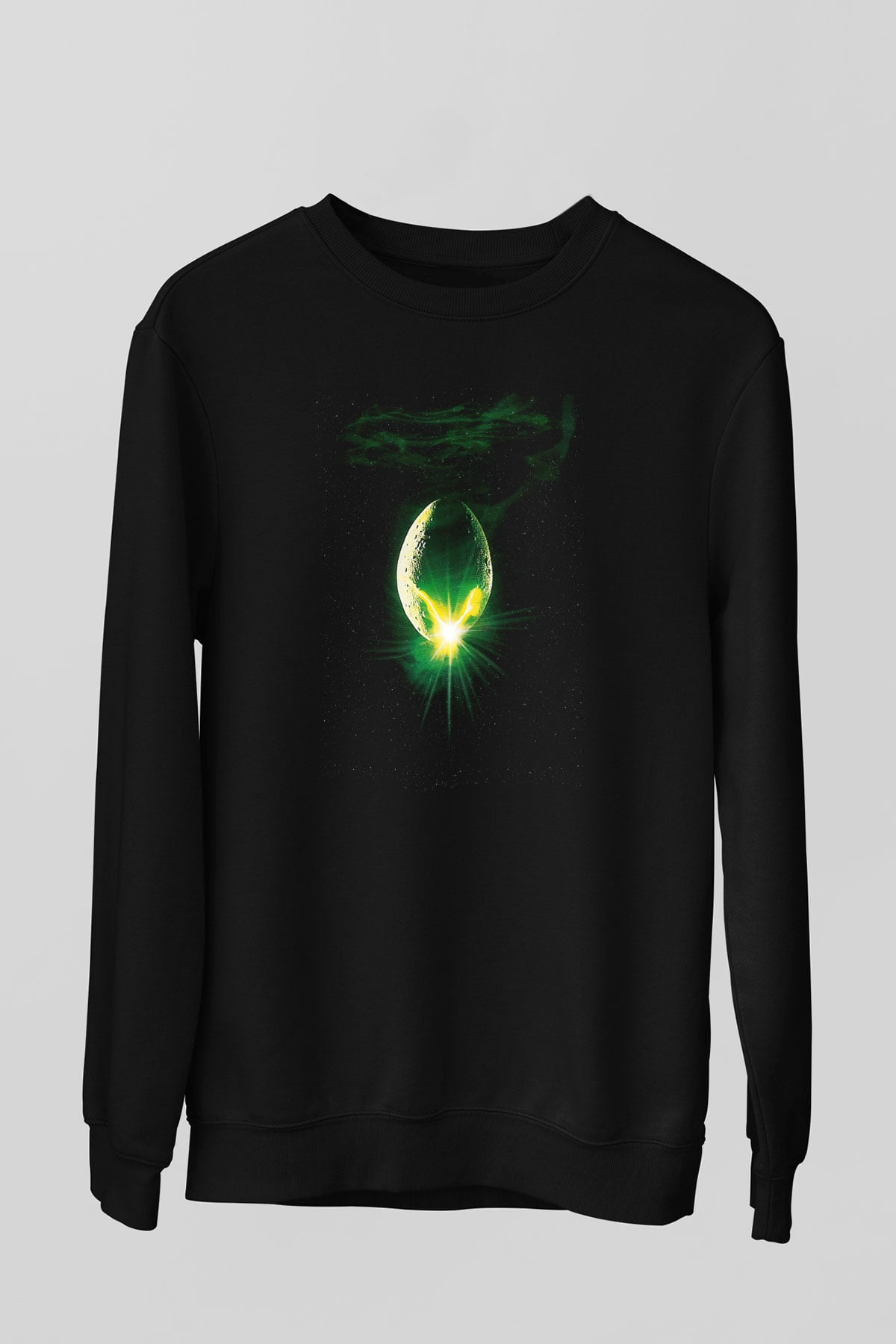 Unisex Yaratık (Alien) Baskılı Siyah Sweatshirt