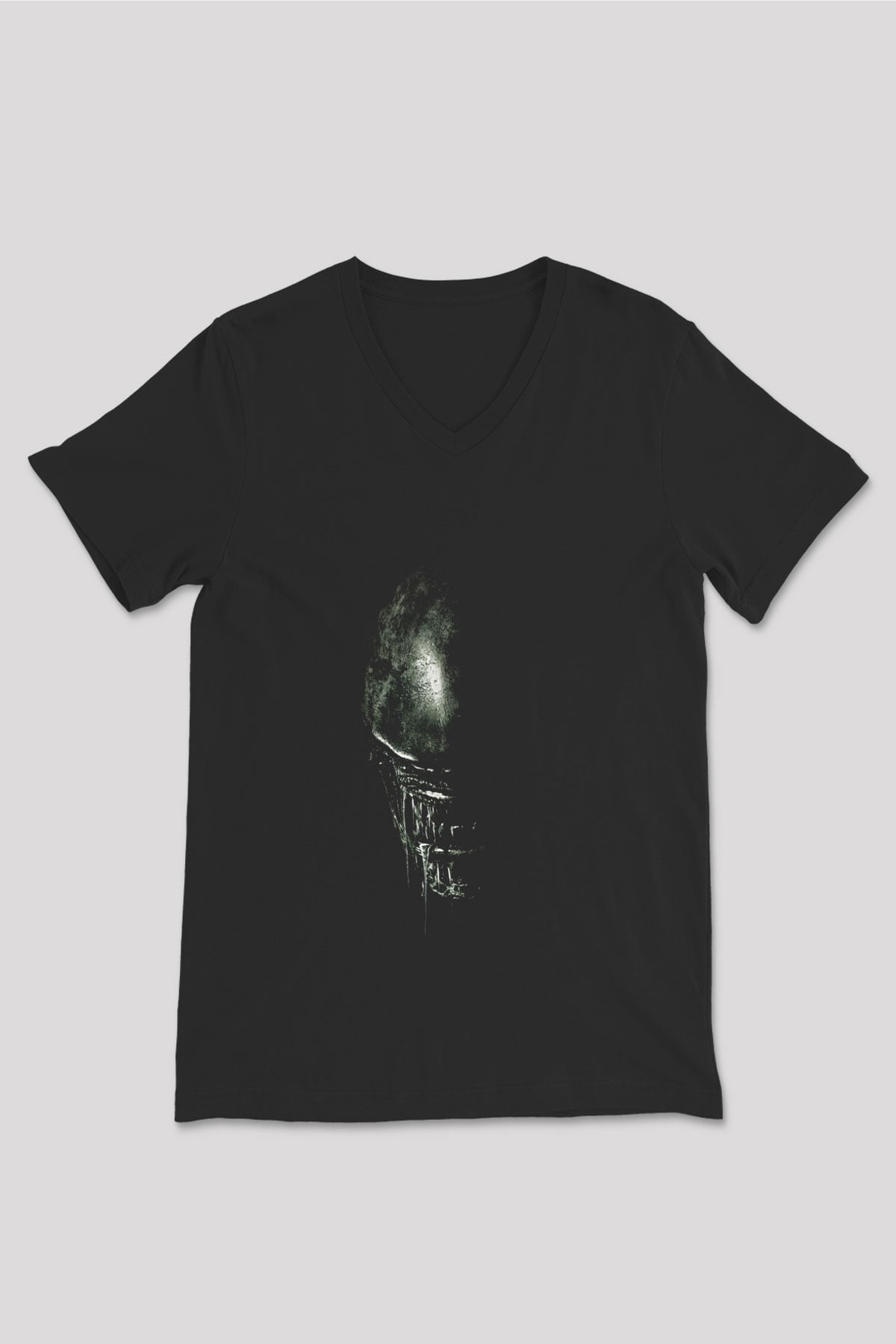 Unisex Yaratık (Alien) Baskılı Siyah Unisex V Yaka Tişört