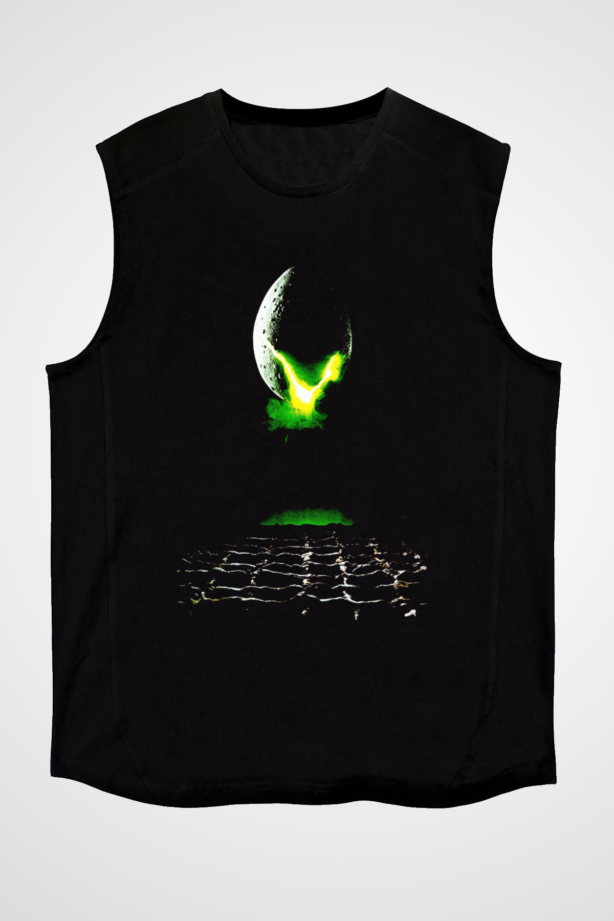 Unisex Yaratık (Alien) Baskılı Siyah Unisex Kolsuz T-shirt