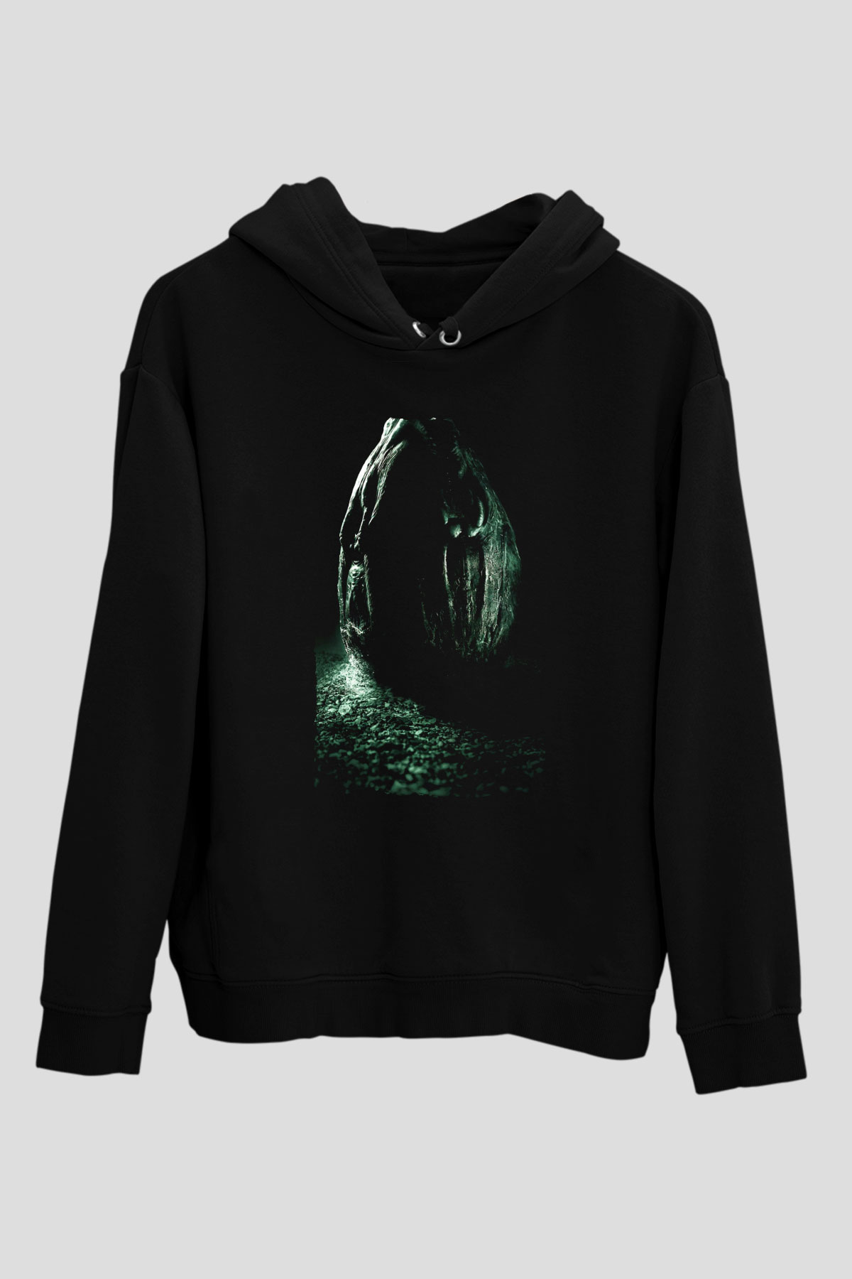 Unisex Yaratık (Alien) Baskılı Siyah Unisex Kapüşonlu Sweatshirt