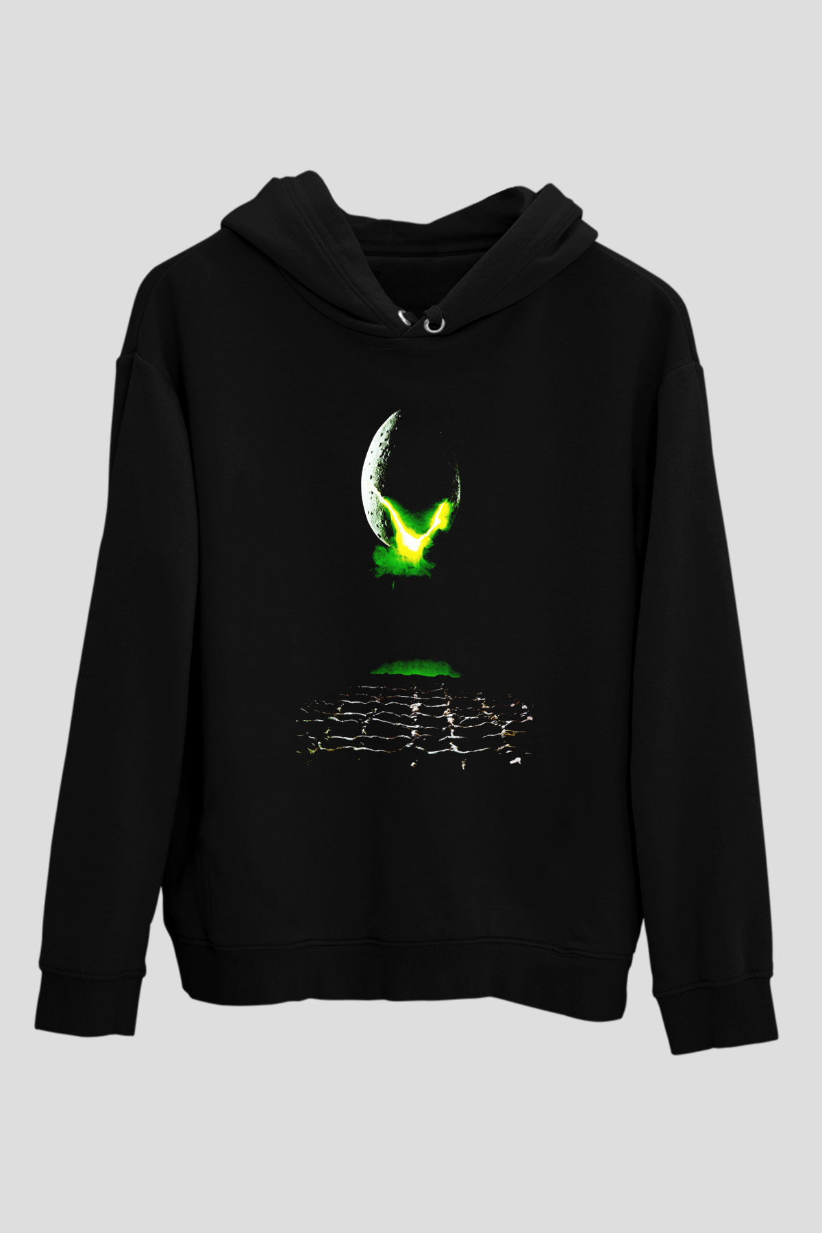 Unisex Yaratık (Alien) Baskılı Siyah Unisex Kapüşonlu Sweatshirt